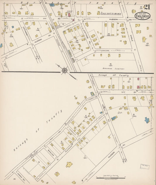 Sanborn Fire Insurance Map from Englewood, Bergen County, New Jersey (1922), Sheet #0021 - Historic Sanborn Fire Insurance Map Print, vintage old map wall art, antique decor, genealogy gift, New Jersey New Jersey map
