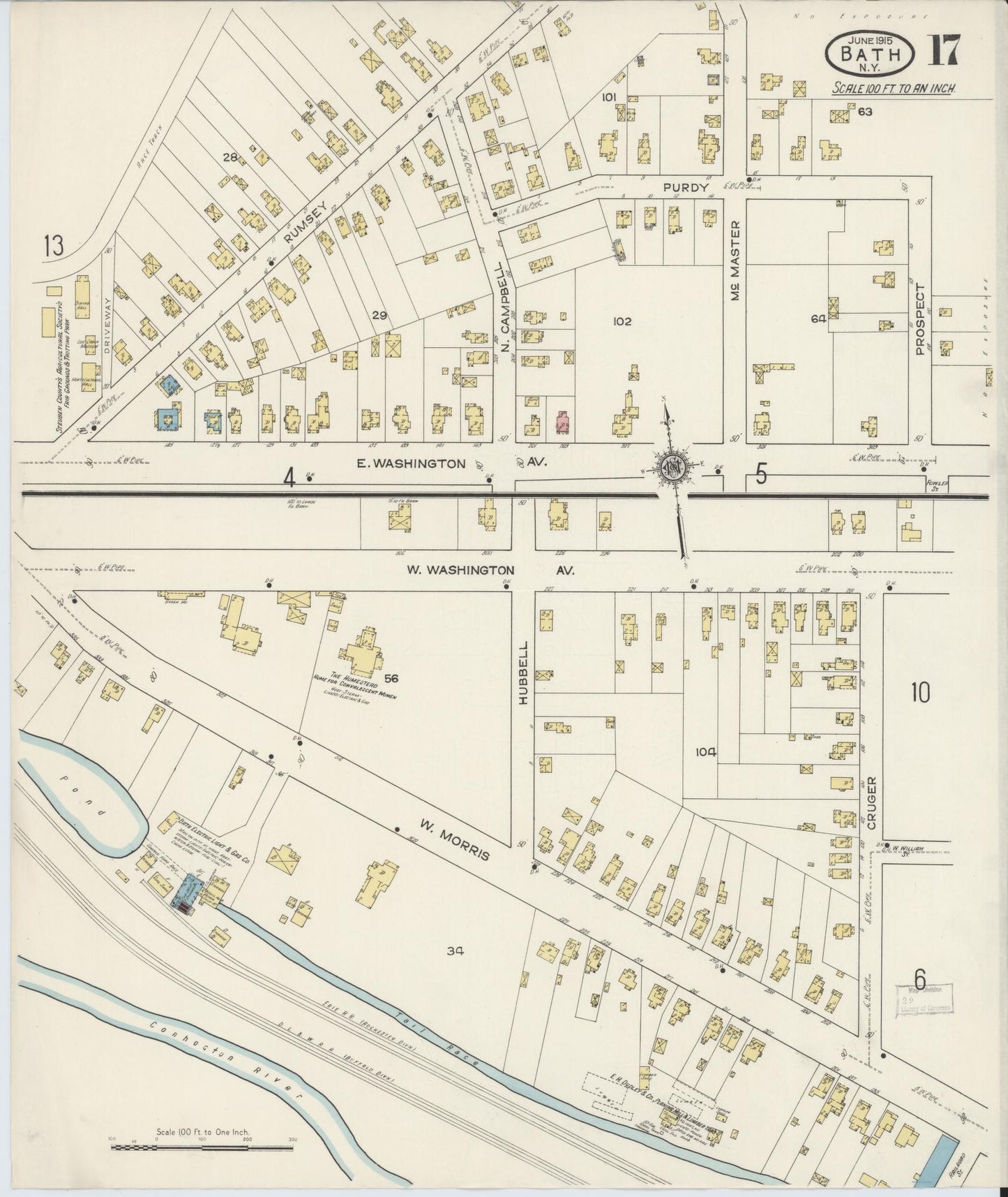 Sanborn Fire Insurance Map from Bath, Steuben County, New York (1915), Sheet #0017 - Historic Sanborn Fire Insurance Map Print, vintage old map wall art, antique decor, genealogy gift, New York New York map