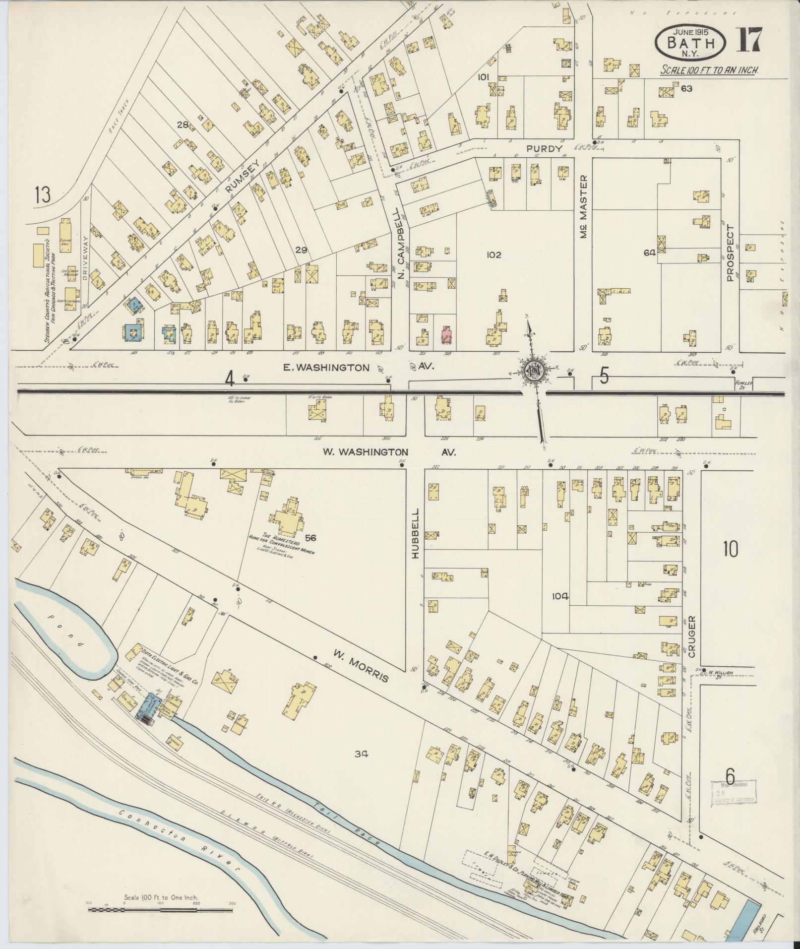 Sanborn Fire Insurance Map from Bath, Steuben County, New York (1915), Sheet #0017 - Historic Sanborn Fire Insurance Map Print, vintage old map wall art, antique decor, genealogy gift, New York New York map