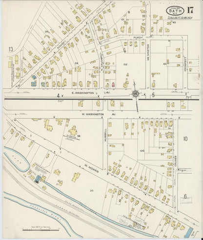 Sanborn Fire Insurance Map from Bath, Steuben County, New York (1915), Sheet #0017 - Historic Sanborn Fire Insurance Map Print, vintage old map wall art, antique decor, genealogy gift, New York New York map