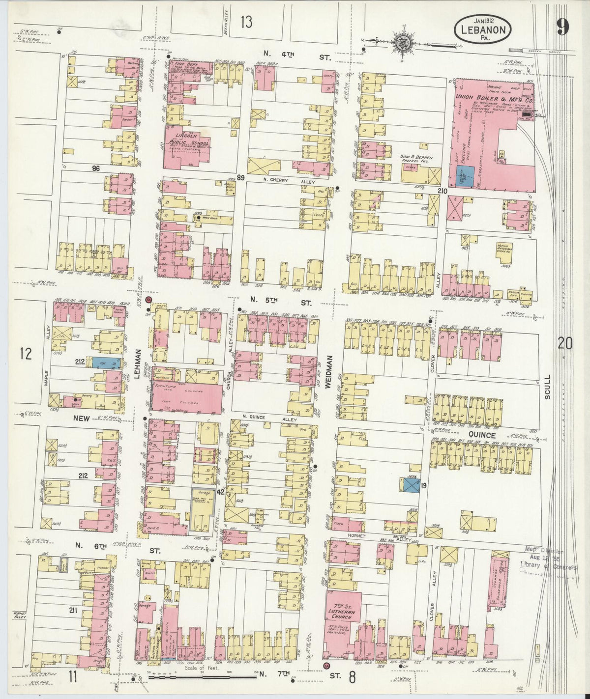 Sanborn Fire Insurance Map from Lebanon, Lebanon County, Pennsylvania (1912), Sheet #0009 - Historic Sanborn Fire Insurance Map Print, vintage old map wall art, antique decor, genealogy gift, Pennsylvania Pennsylvania map