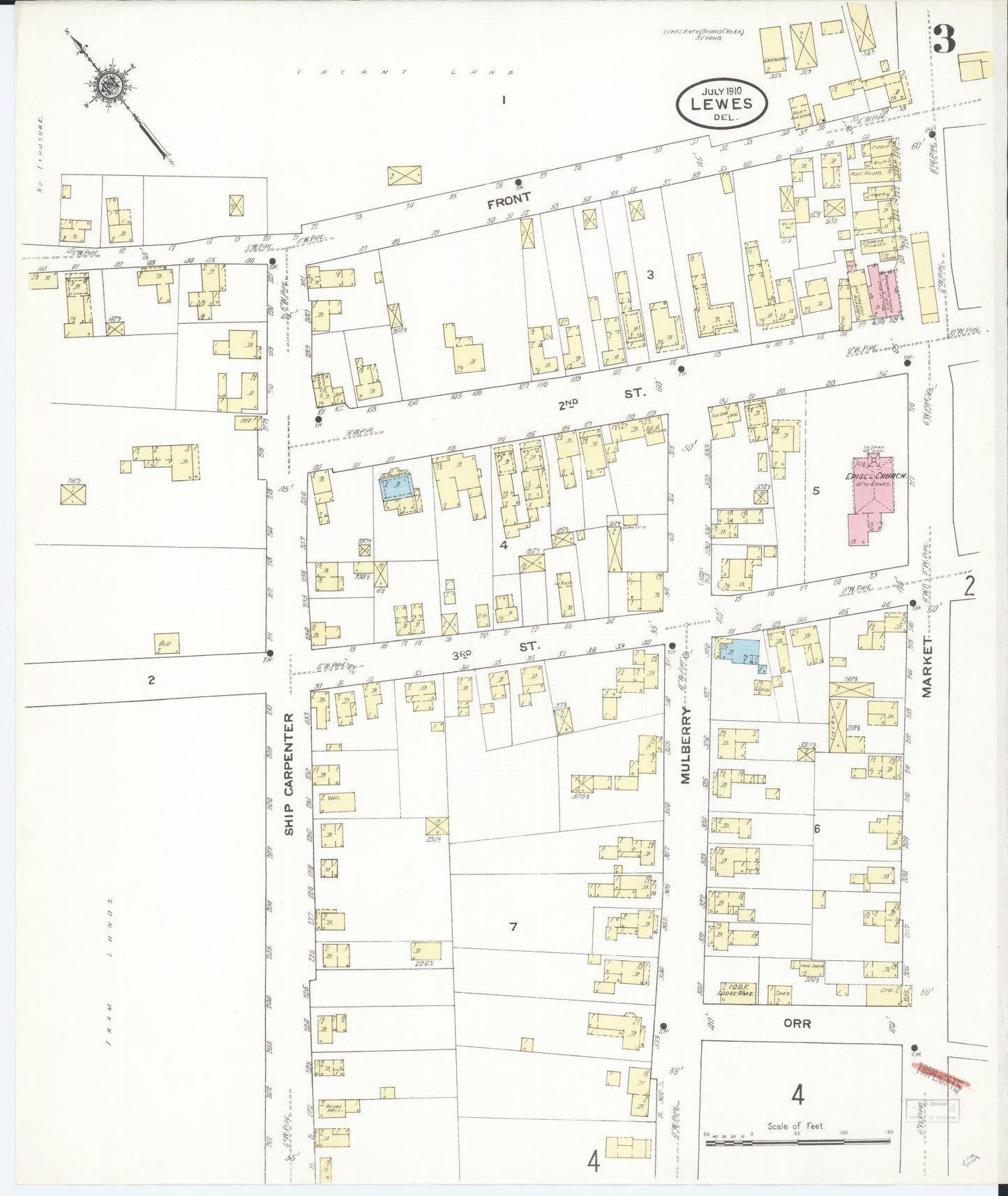 Sanborn Fire Insurance Map from Lewes, Sussex County, Delaware (1910), Sheet #0003 - Complete Map Set gallery image, historic Sanborn map, vintage wall art, Delaware Delaware
