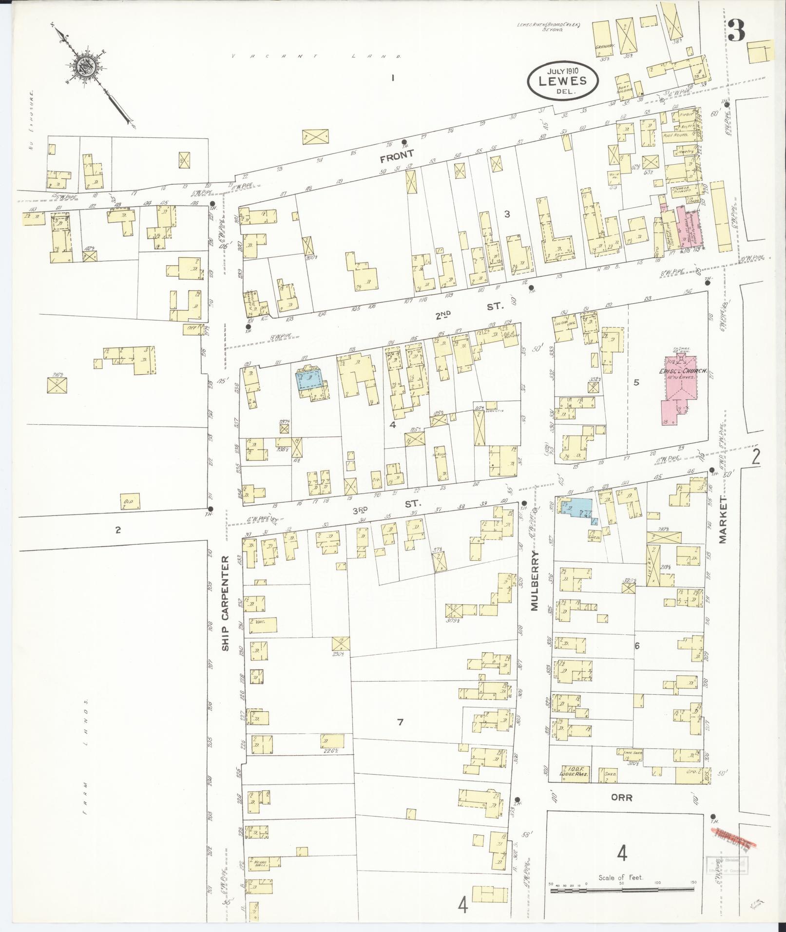 Sanborn Fire Insurance Map from Lewes, Sussex County, Delaware (1910), Sheet #0003 - Complete Map Set gallery image, historic Sanborn map, vintage wall art, Delaware Delaware