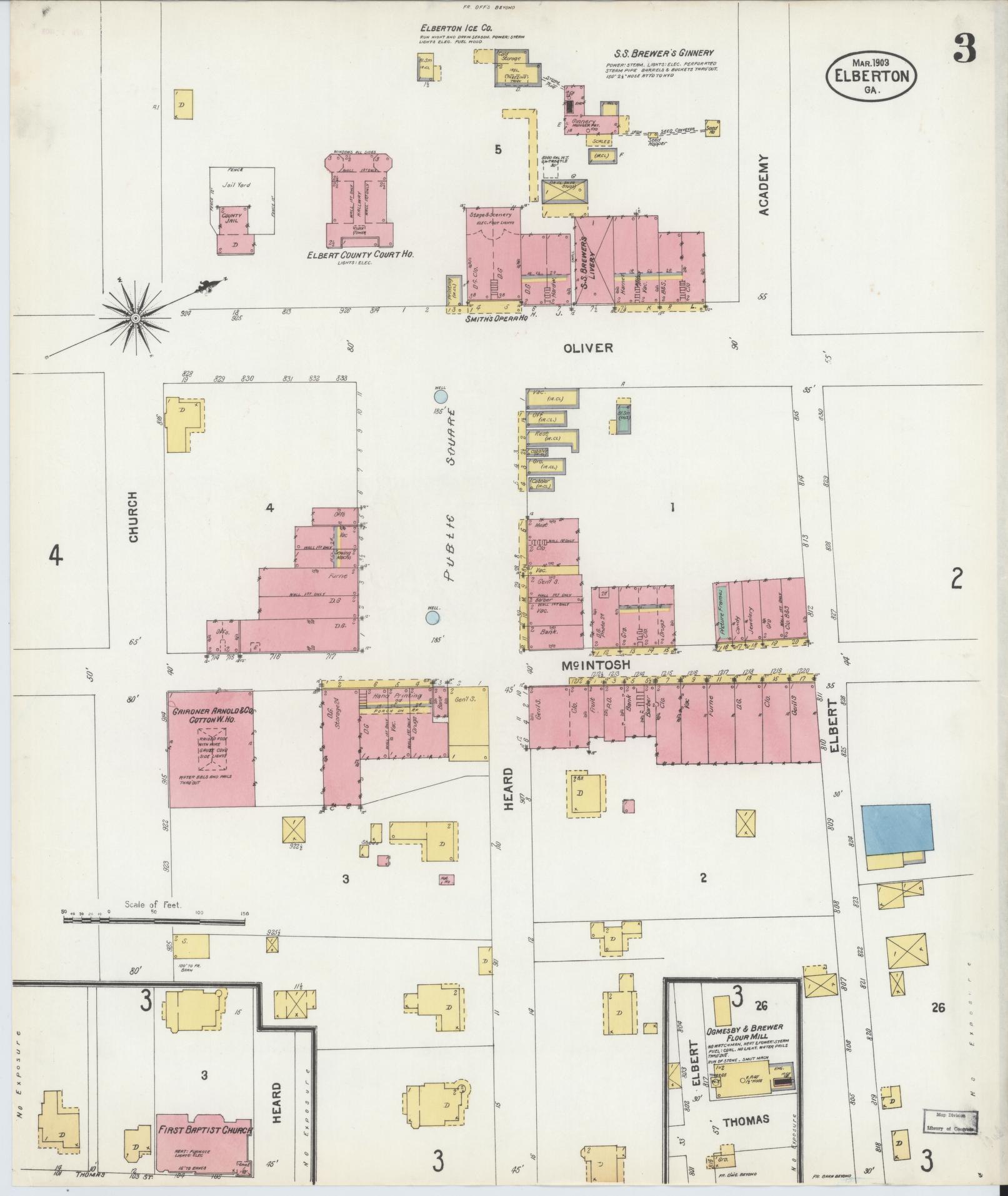 Sanborn Fire Insurance Map from Elberton, Elbert County, Georgia (1903), Sheet #0003 - Historic Sanborn Fire Insurance Map Print, vintage old map wall art, antique decor, genealogy gift, Georgia Georgia map