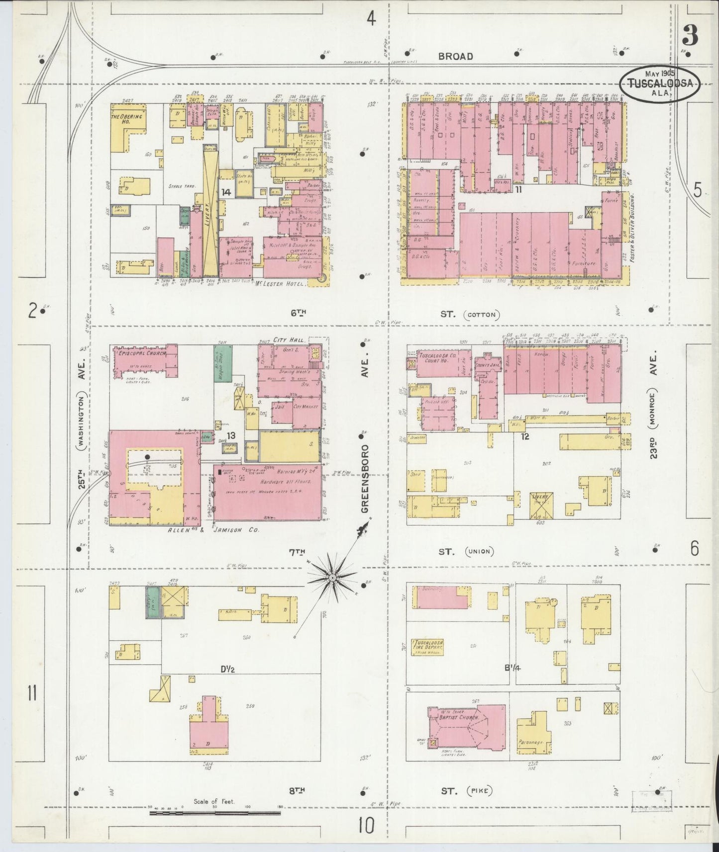 Sanborn Fire Insurance Map from Tuscaloosa, Tuscaloosa County, Alabama (1905), Sheet #0003 - Complete Map Set gallery image, historic Sanborn map, vintage wall art, Alabama Alabama