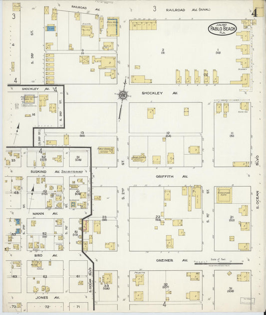 Sanborn Fire Insurance Map from Pablo Beach, Duval County, Florida (1917), Sheet #0004 - Historic Sanborn Fire Insurance Map Print, vintage old map wall art, antique decor, genealogy gift, Florida Florida map