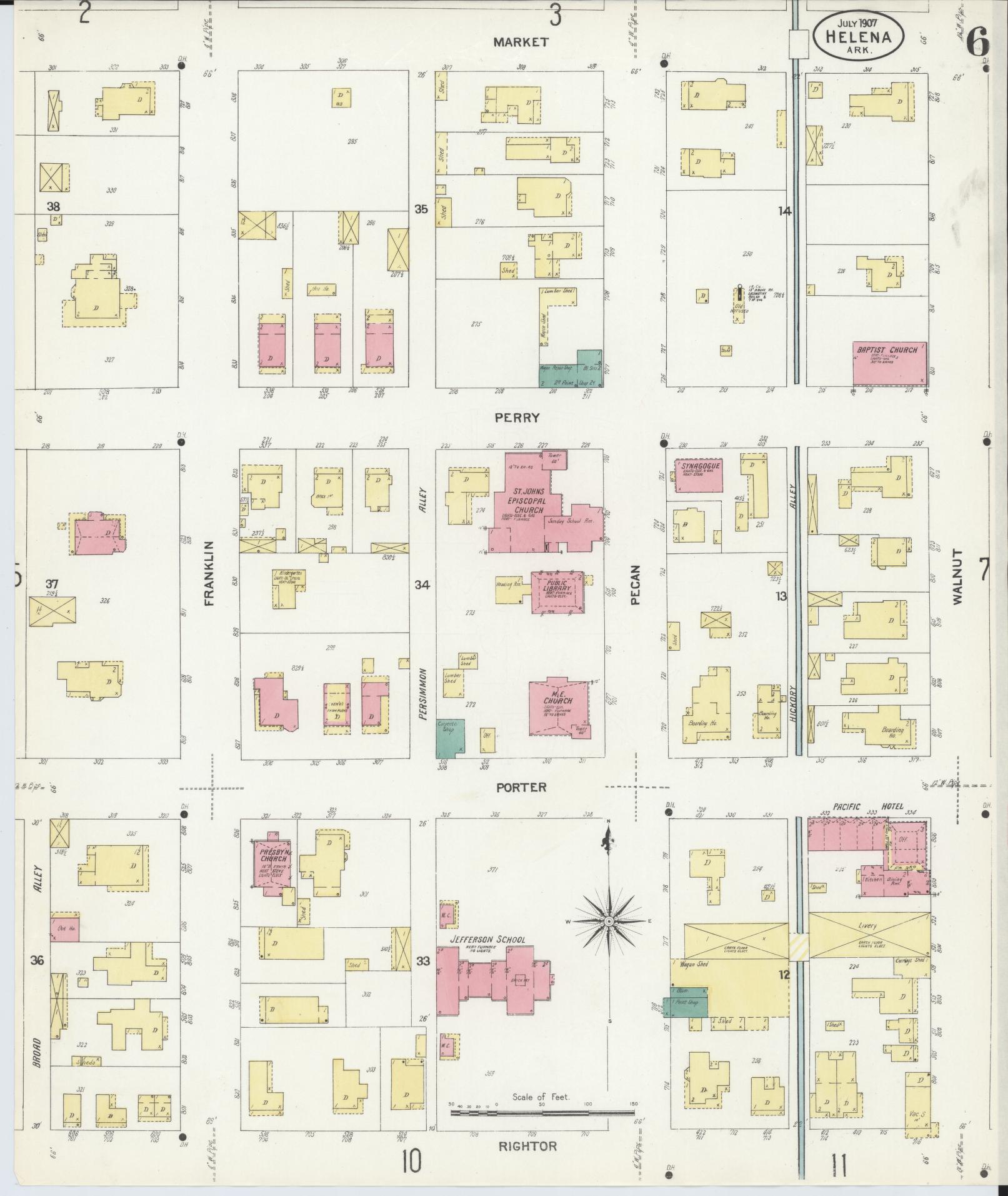 Sanborn Fire Insurance Map from Helena, Phillips County, Arkansas (1907), Sheet #0006 - Historic Sanborn Fire Insurance Map Print, vintage old map wall art, antique decor, genealogy gift, Arkansas Arkansas map