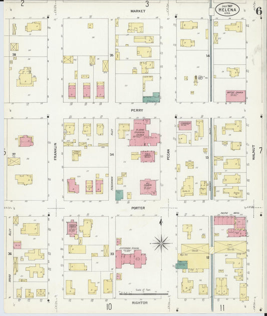 Sanborn Fire Insurance Map from Helena, Phillips County, Arkansas (1907), Sheet #0006 - Historic Sanborn Fire Insurance Map Print, vintage old map wall art, antique decor, genealogy gift, Arkansas Arkansas map