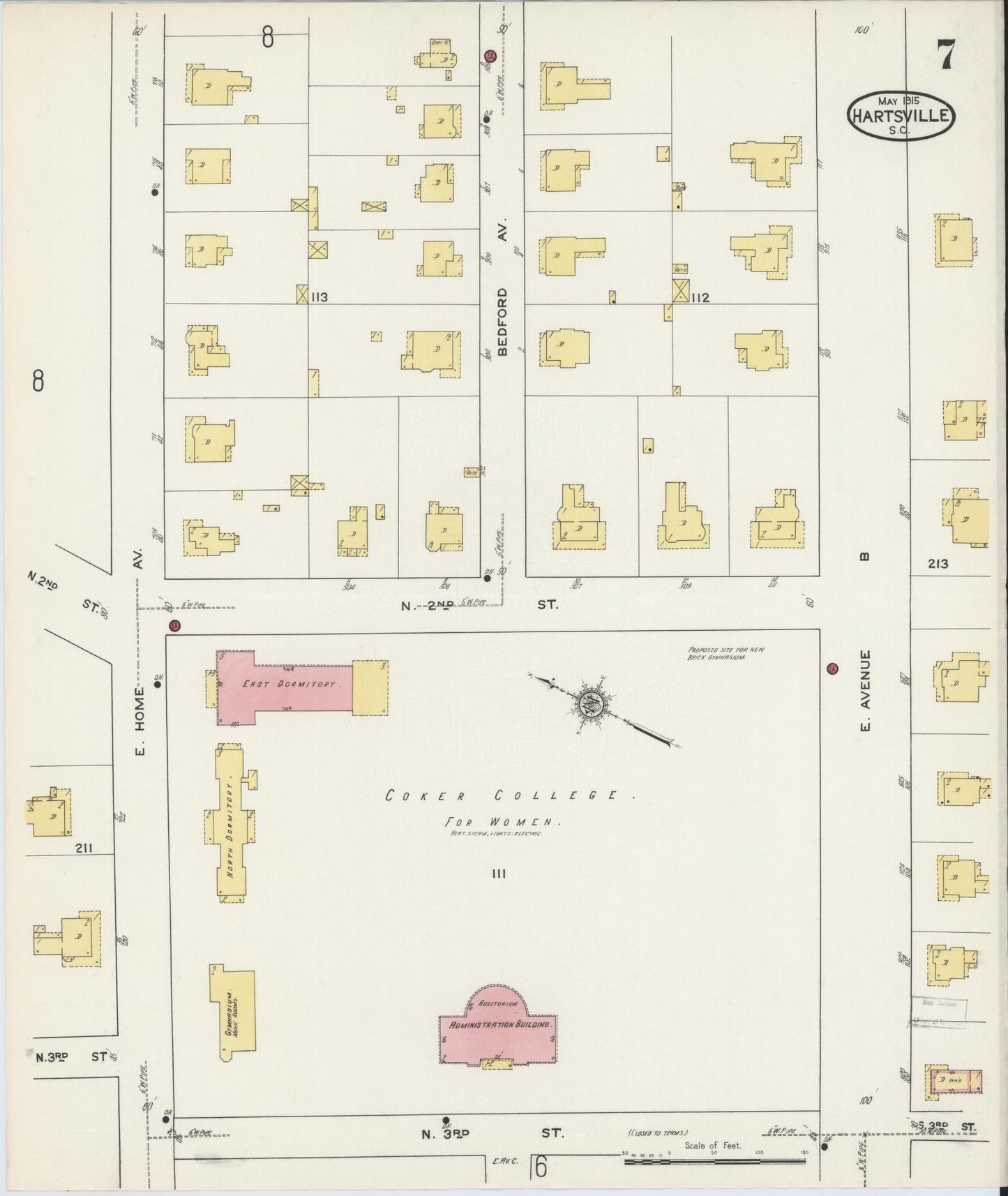 Sanborn Fire Insurance Map from Hartsville, Darlington County, South Carolina (1915), Sheet #0007 - Historic Sanborn Fire Insurance Map Print, vintage old map wall art, antique decor, genealogy gift, South Carolina South Carolina map