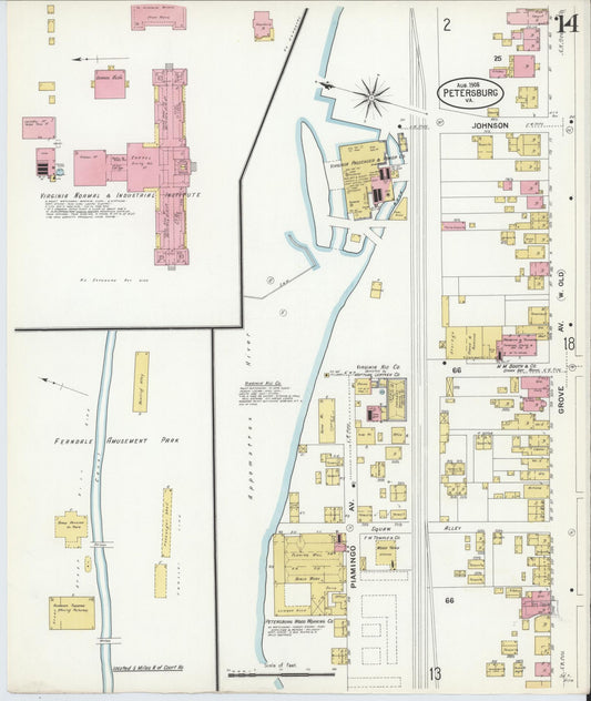 Sanborn Fire Insurance Map from Petersburg, Independent Cities, Virginia (1908), Sheet #0014 - Historic Sanborn Fire Insurance Map Print, vintage old map wall art, antique decor, genealogy gift, Virginia Virginia map