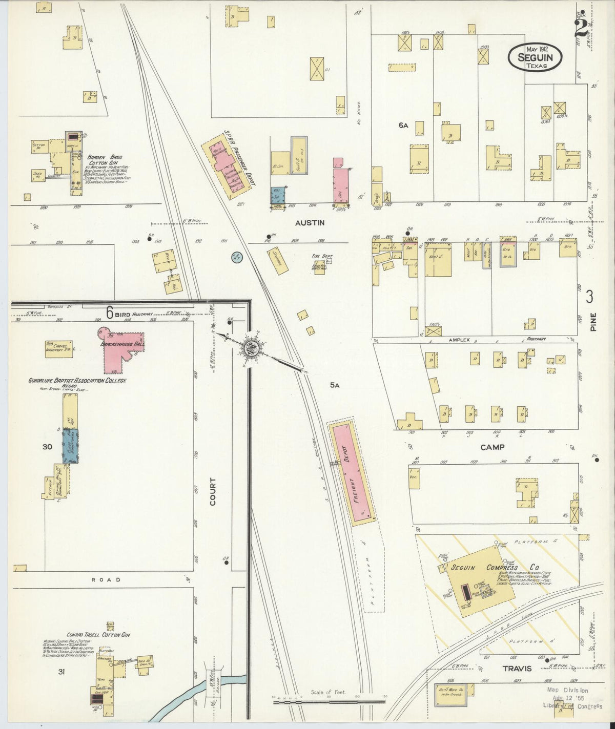 Sanborn Fire Insurance Map from Seguin, Guadalupe County, Texas (1912), Sheet #0002 - Complete Map Set gallery image, historic Sanborn map, vintage wall art, Texas Texas