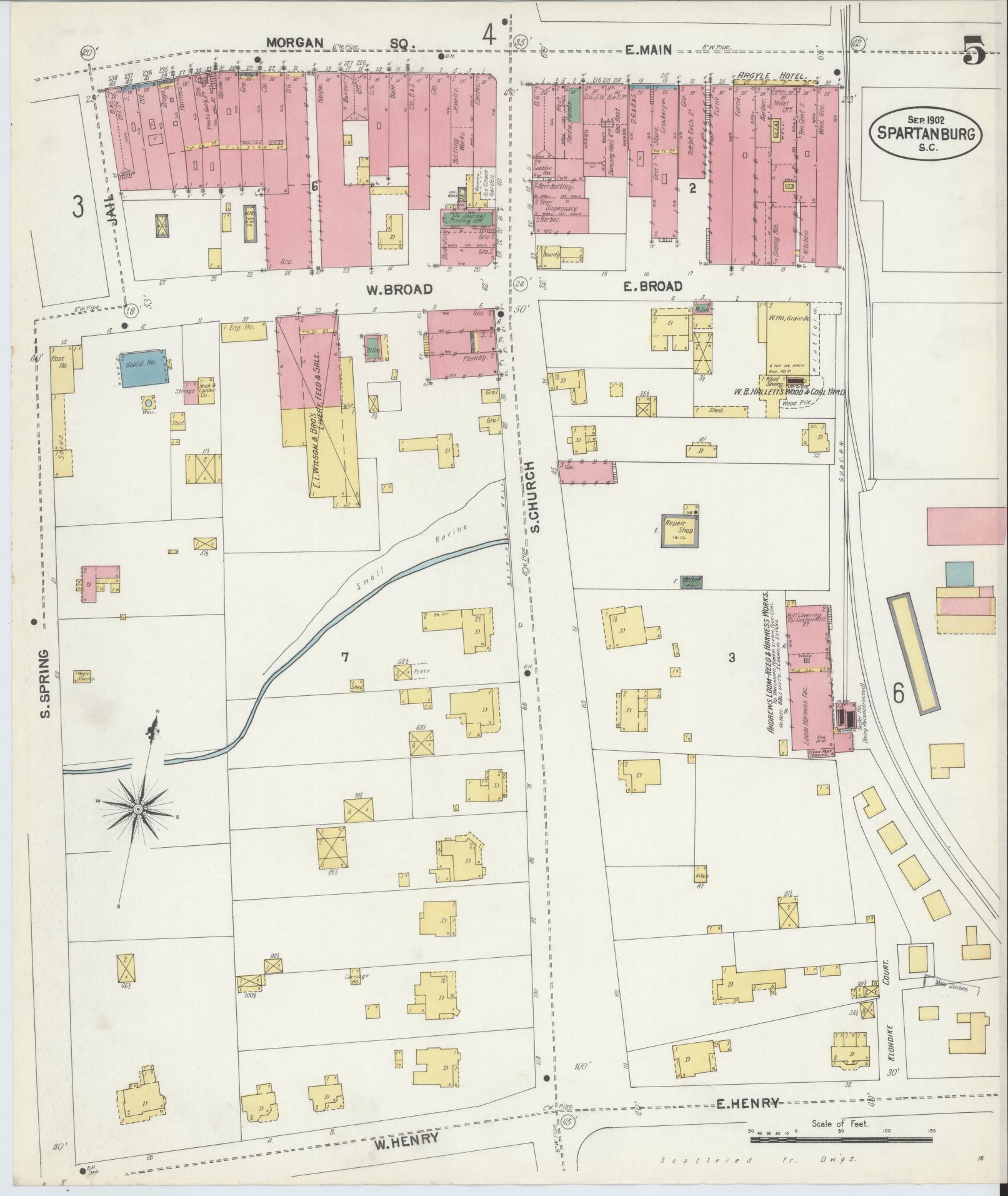 Sanborn Fire Insurance Map from Spartanburg, Spartanburg County, South Carolina (1902), Sheet #0005 - Historic Sanborn Fire Insurance Map Print, vintage old map wall art, antique decor, genealogy gift, South Carolina South Carolina map