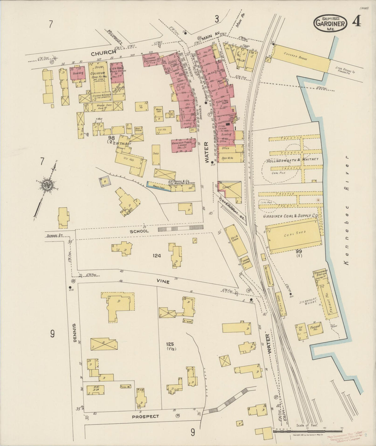 Sanborn Fire Insurance Map from Gardiner, Kennebec County, Maine (1922), Sheet #0004 - Historic Sanborn Fire Insurance Map Print, vintage old map wall art, antique decor, genealogy gift, Maine Maine map