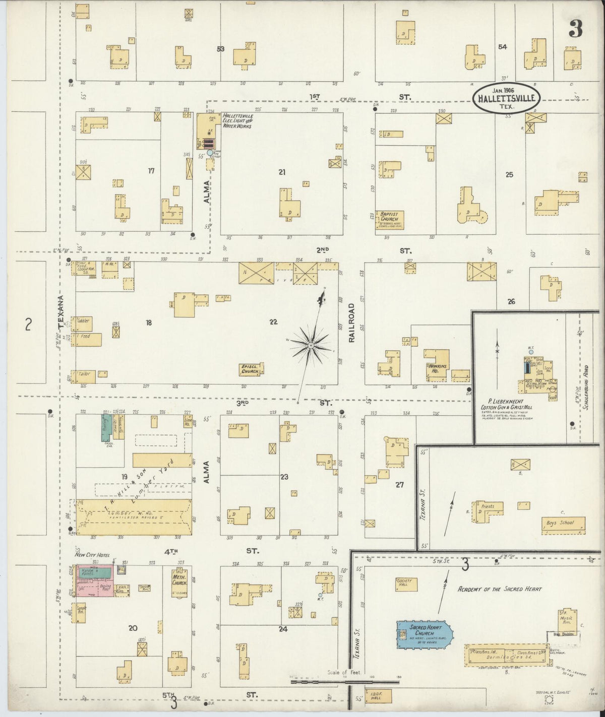 Sanborn Fire Insurance Map from Hallettsville, Lavaca County, Texas (1906), Sheet #0003 - Complete Map Set gallery image, historic Sanborn map, vintage wall art, Texas Texas