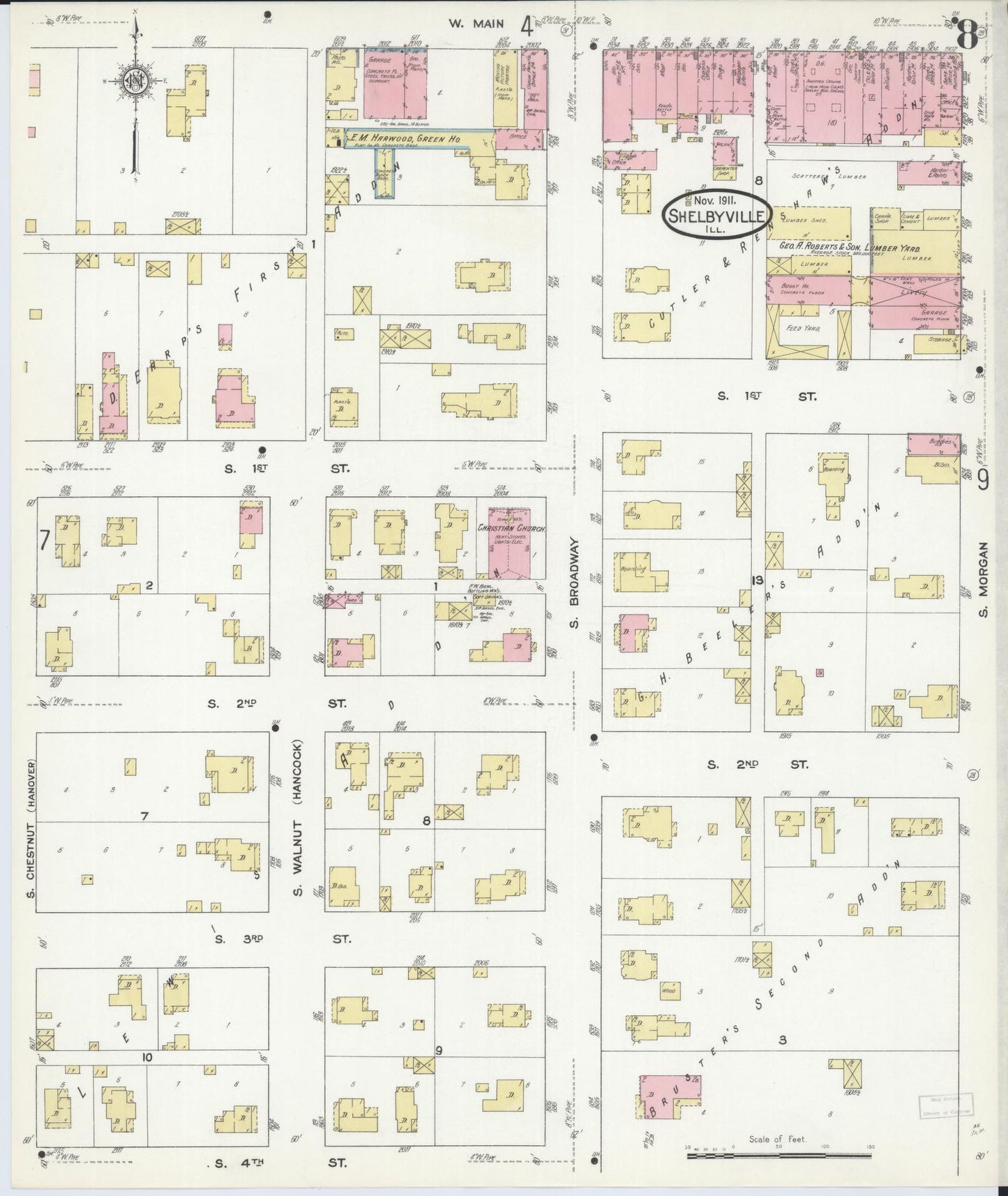 Sanborn Fire Insurance Map from Shelbyville, Shelby County, Illinois (1911), Sheet #0008 - Historic Sanborn Fire Insurance Map Print, vintage old map wall art, antique decor, genealogy gift, Illinois Illinois map