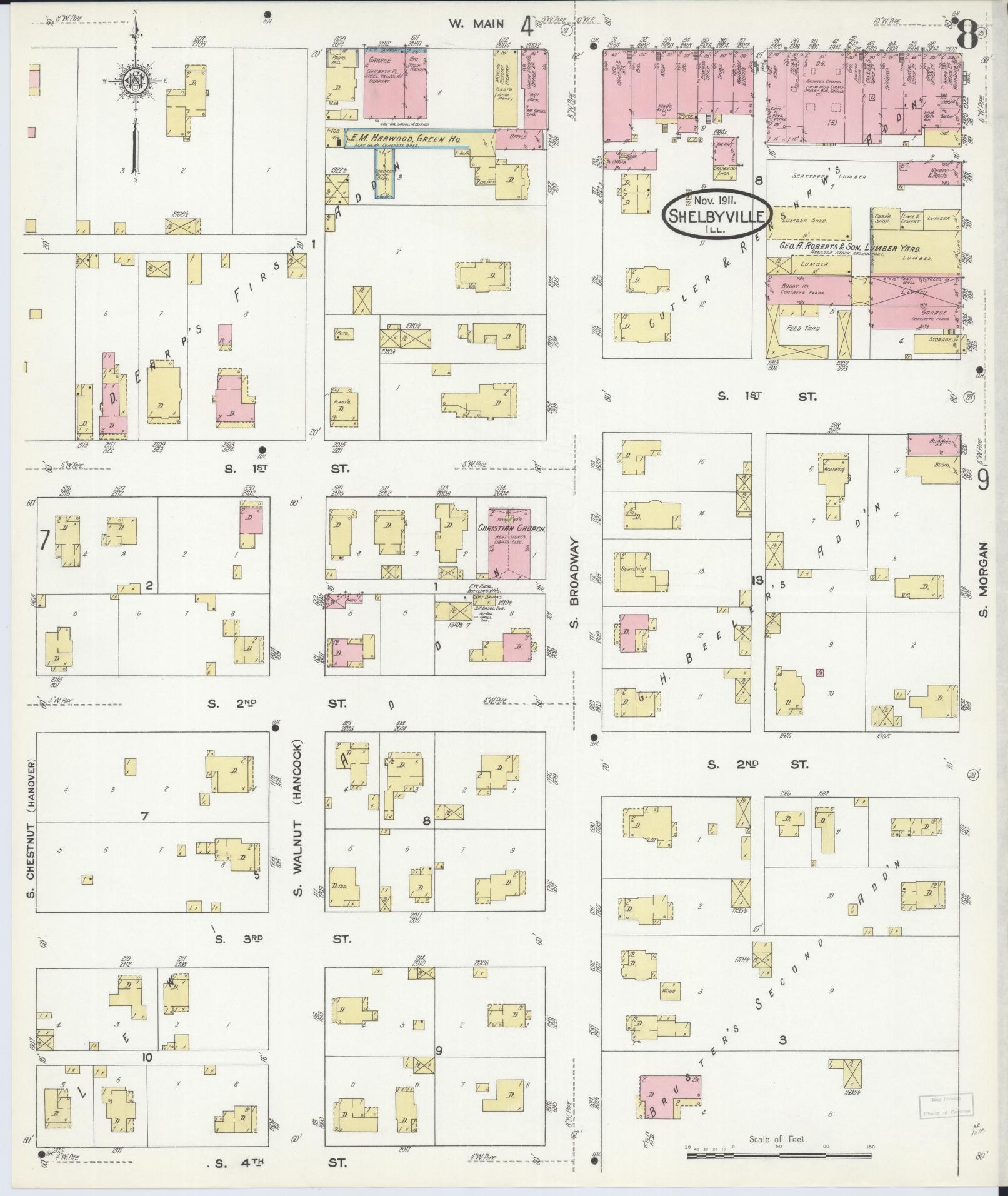 Sanborn Fire Insurance Map from Shelbyville, Shelby County, Illinois (1911), Sheet #0008 - Historic Sanborn Fire Insurance Map Print, vintage old map wall art, antique decor, genealogy gift, Illinois Illinois map