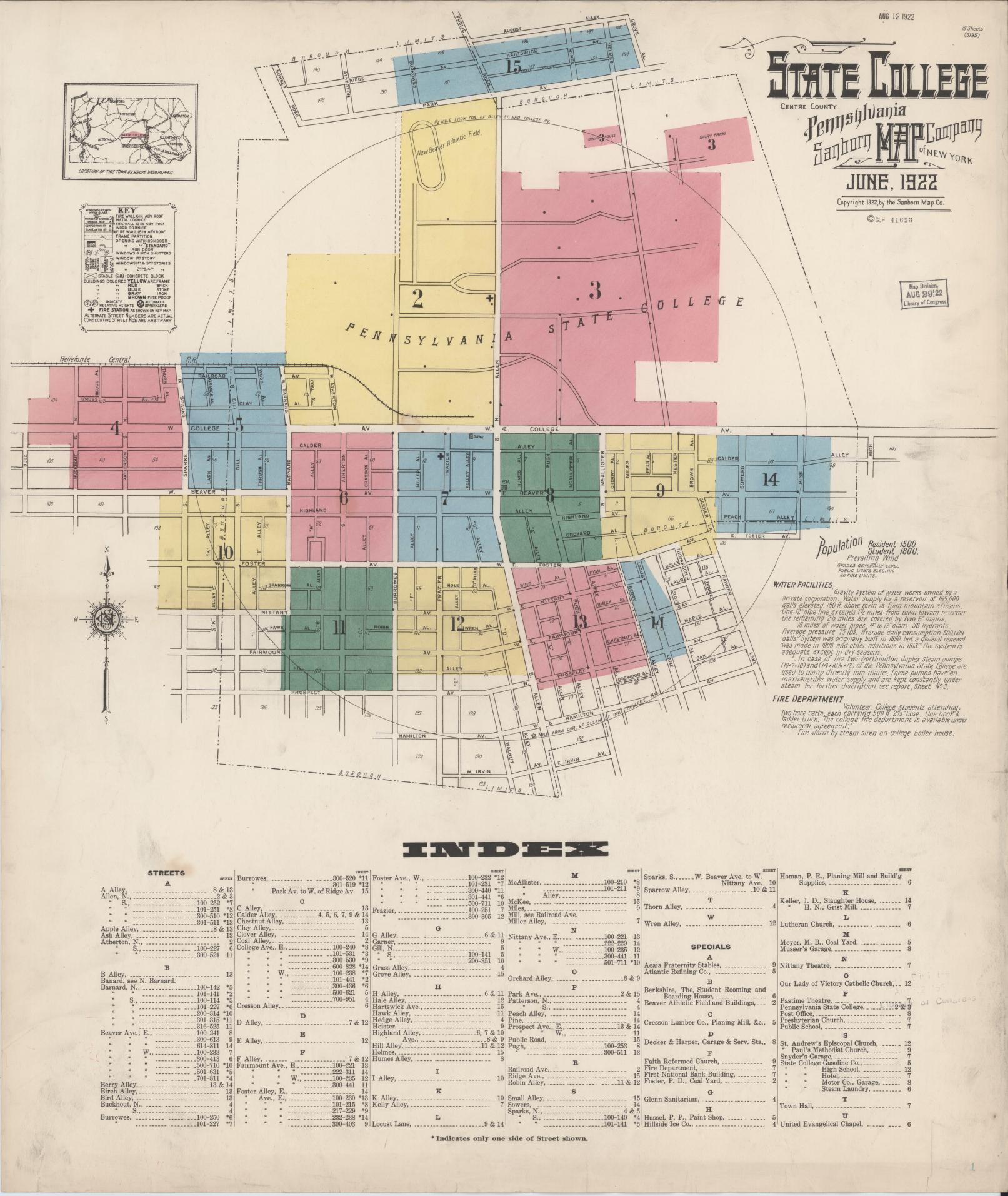 Sanborn Fire Insurance Map from State College, Centre County, Pennsylvania (1922), Sheet #0001 - Complete Map Set gallery image, historic Sanborn map, vintage wall art, Pennsylvania Pennsylvania