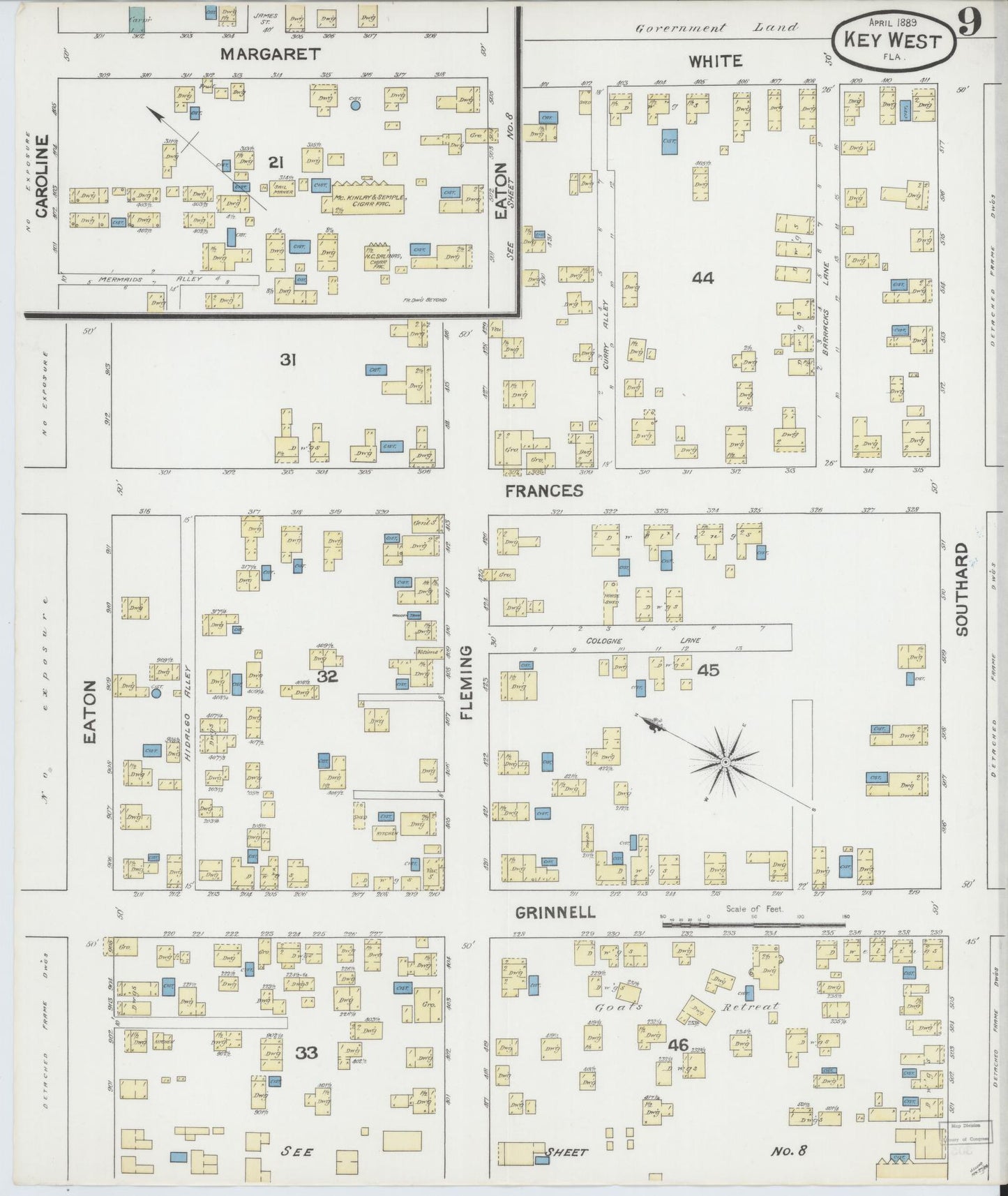 Sanborn Fire Insurance Map from Key West, Monroe County, Florida (1889), Sheet #0009 - Complete Map Set gallery image, historic Sanborn map, vintage wall art, Florida Florida