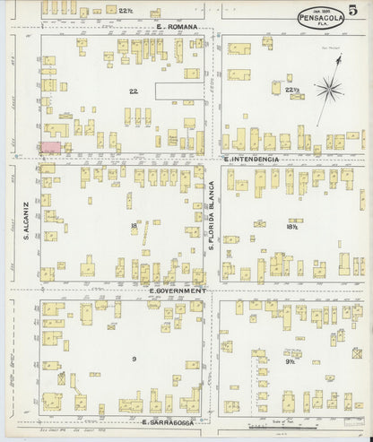 Sanborn Fire Insurance Map from Pensacola, Escambia County, Florida (1892), Sheet #0005 - Complete Map Set gallery image, historic Sanborn map, vintage wall art, Florida Florida