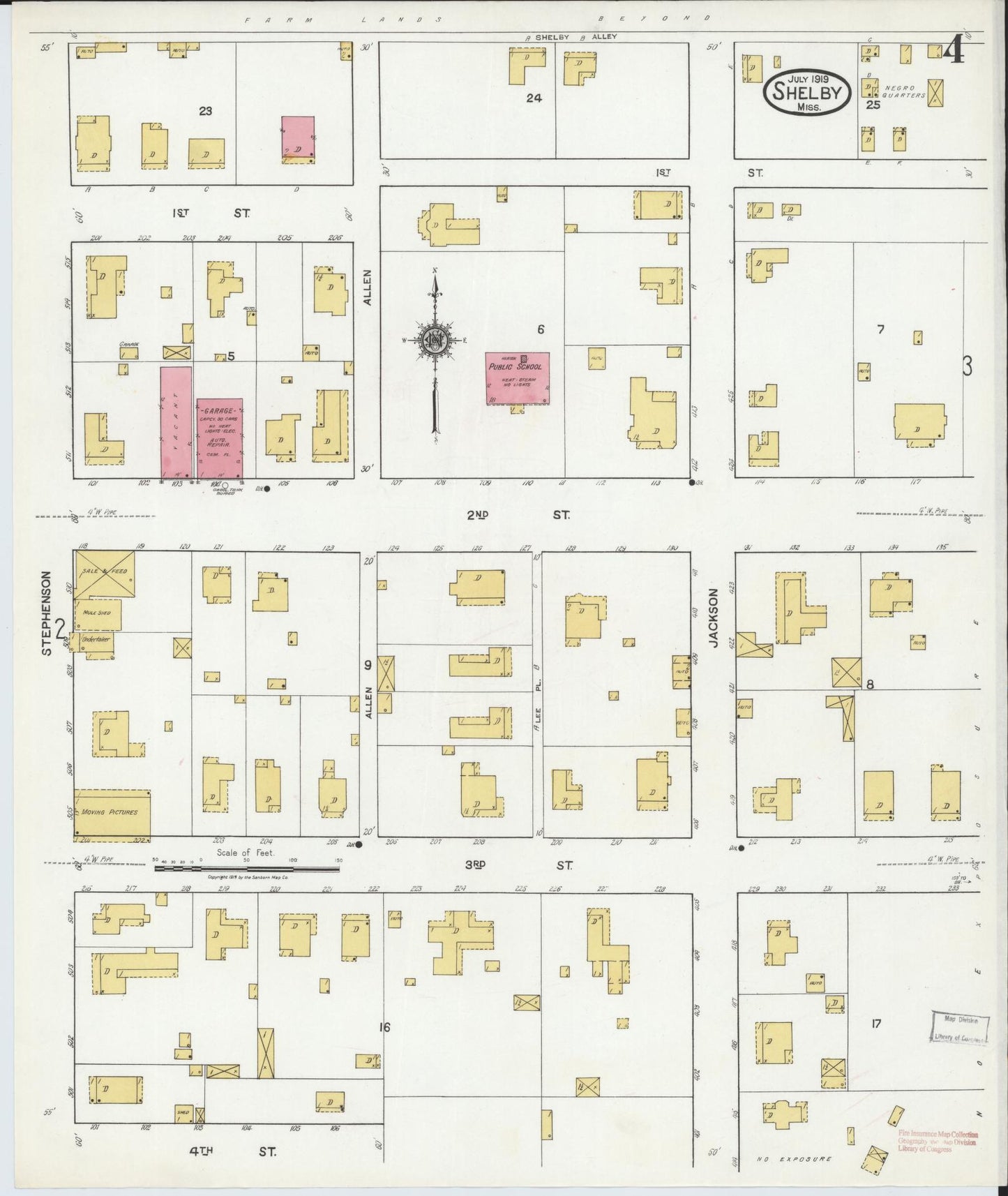 Sanborn Fire Insurance Map from Shelby, Bolivar County, Mississippi (1919), Sheet #0004 - Complete Map Set gallery image, historic Sanborn map, vintage wall art, Mississippi Mississippi