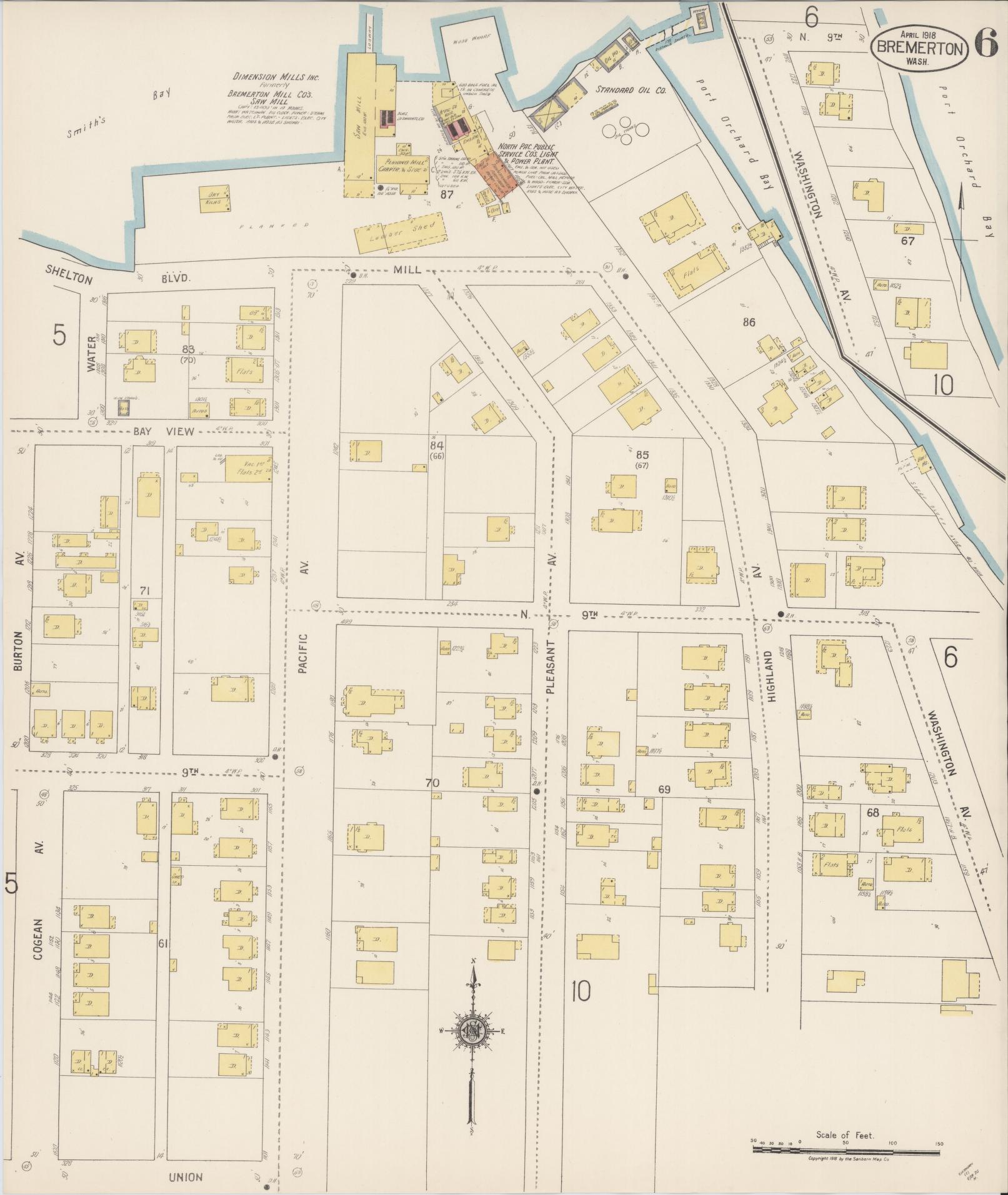 Sanborn Fire Insurance Map from Bremerton, Kitsap County, Washington (1918), Sheet #0006 - Complete Map Set gallery image, historic Sanborn map, vintage wall art, Washington Washington