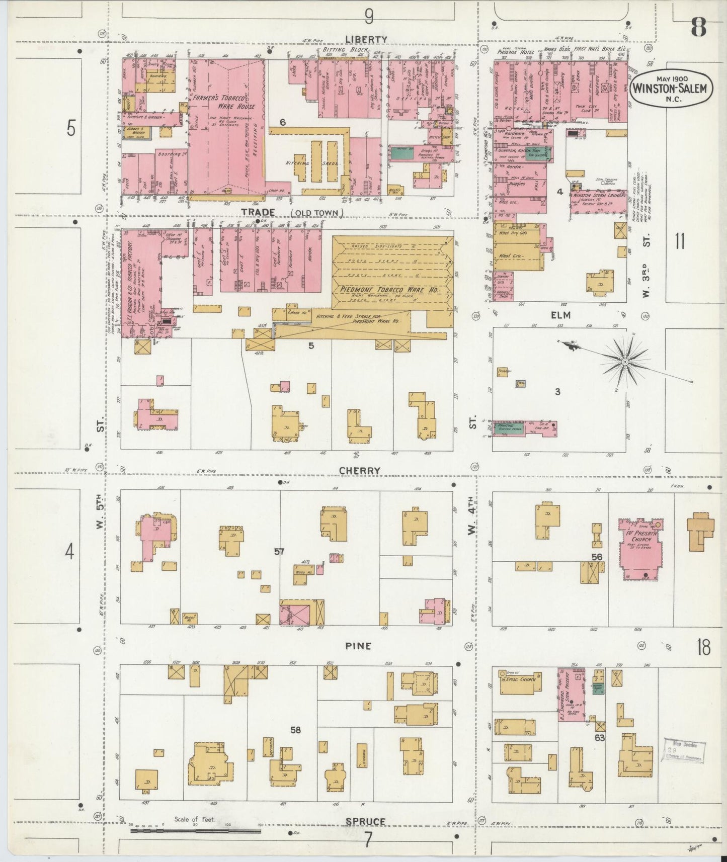 Sanborn Fire Insurance Map from Winston-Salem, Forsyth County, North Carolina (1900), Sheet #0008 - Complete Map Set gallery image, historic Sanborn map, vintage wall art, North Carolina North Carolina