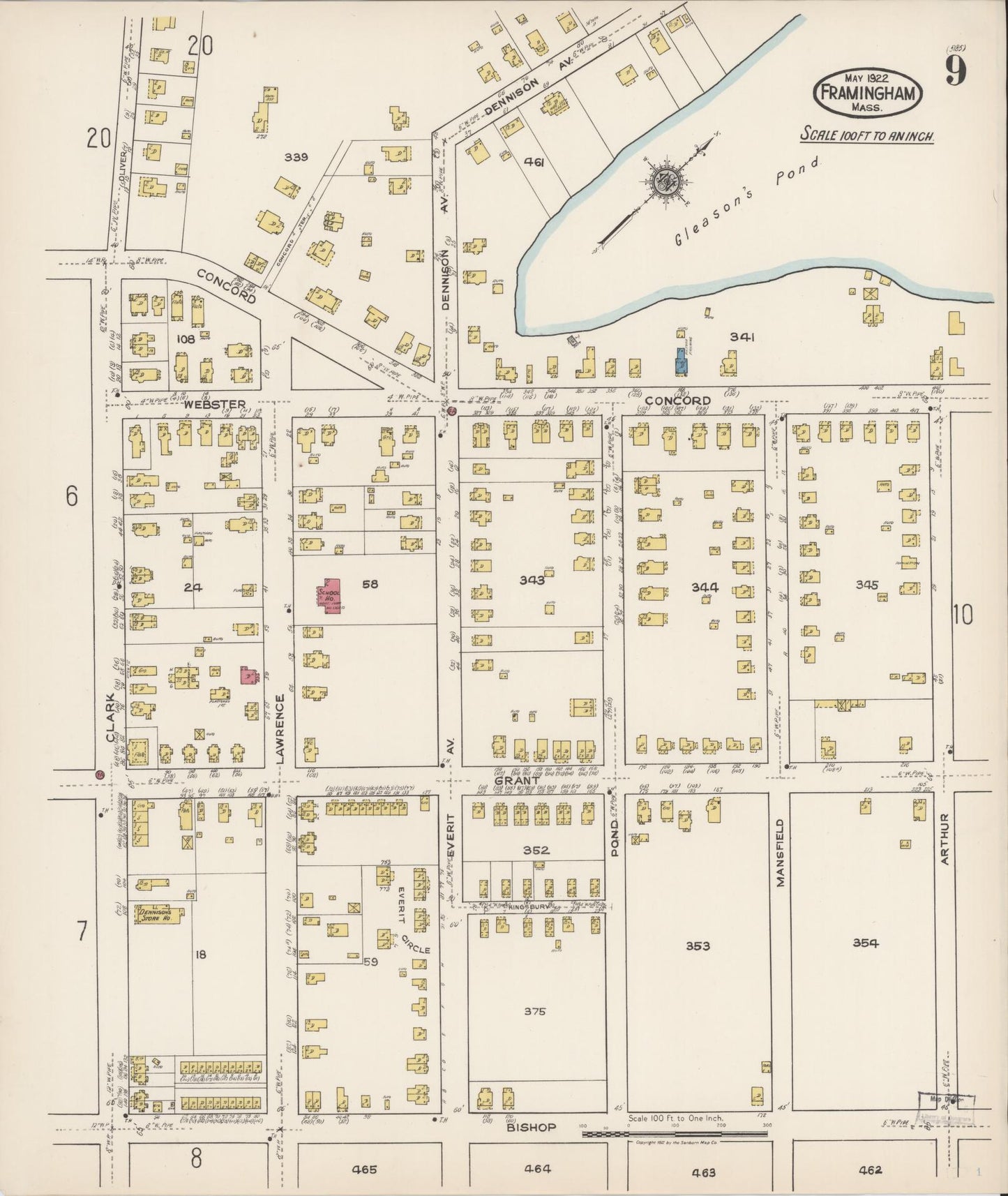 Sanborn Fire Insurance Map from Framingham, Middlesex County, Massachusetts (1922), Sheet #0009 - Historic Sanborn Fire Insurance Map Print, vintage old map wall art, antique decor, genealogy gift, Massachusetts Massachusetts map