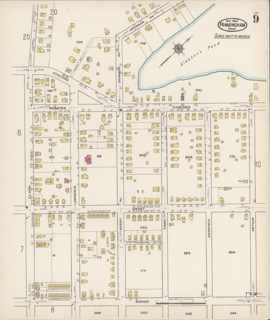 Sanborn Fire Insurance Map from Framingham, Middlesex County, Massachusetts (1922), Sheet #0009 - Historic Sanborn Fire Insurance Map Print, vintage old map wall art, antique decor, genealogy gift, Massachusetts Massachusetts map