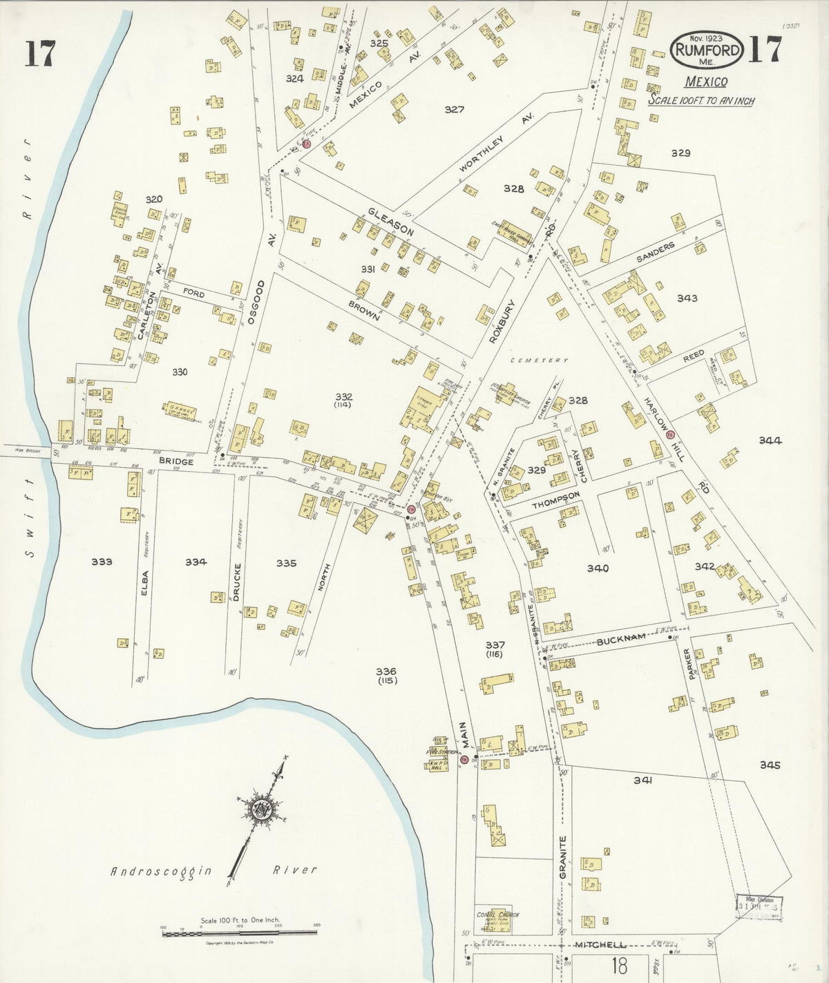 Sanborn Fire Insurance Map from Rumford, Oxford County, Maine (1923), Sheet #0017 - Historic Sanborn Fire Insurance Map Print, vintage old map wall art, antique decor, genealogy gift, Maine Maine map