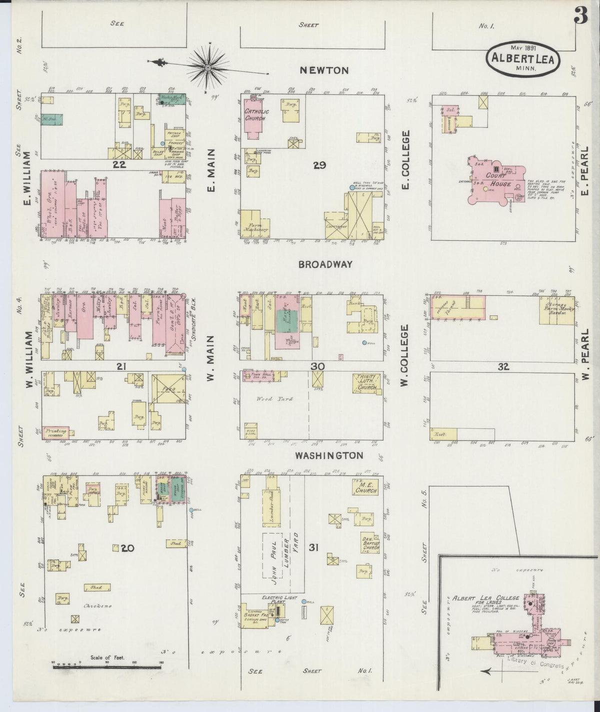Sanborn Fire Insurance Map from Albert Lea, Freeborn County, Minnesota (1891), Sheet #0003 - Complete Map Set gallery image, historic Sanborn map, vintage wall art, Minnesota Minnesota