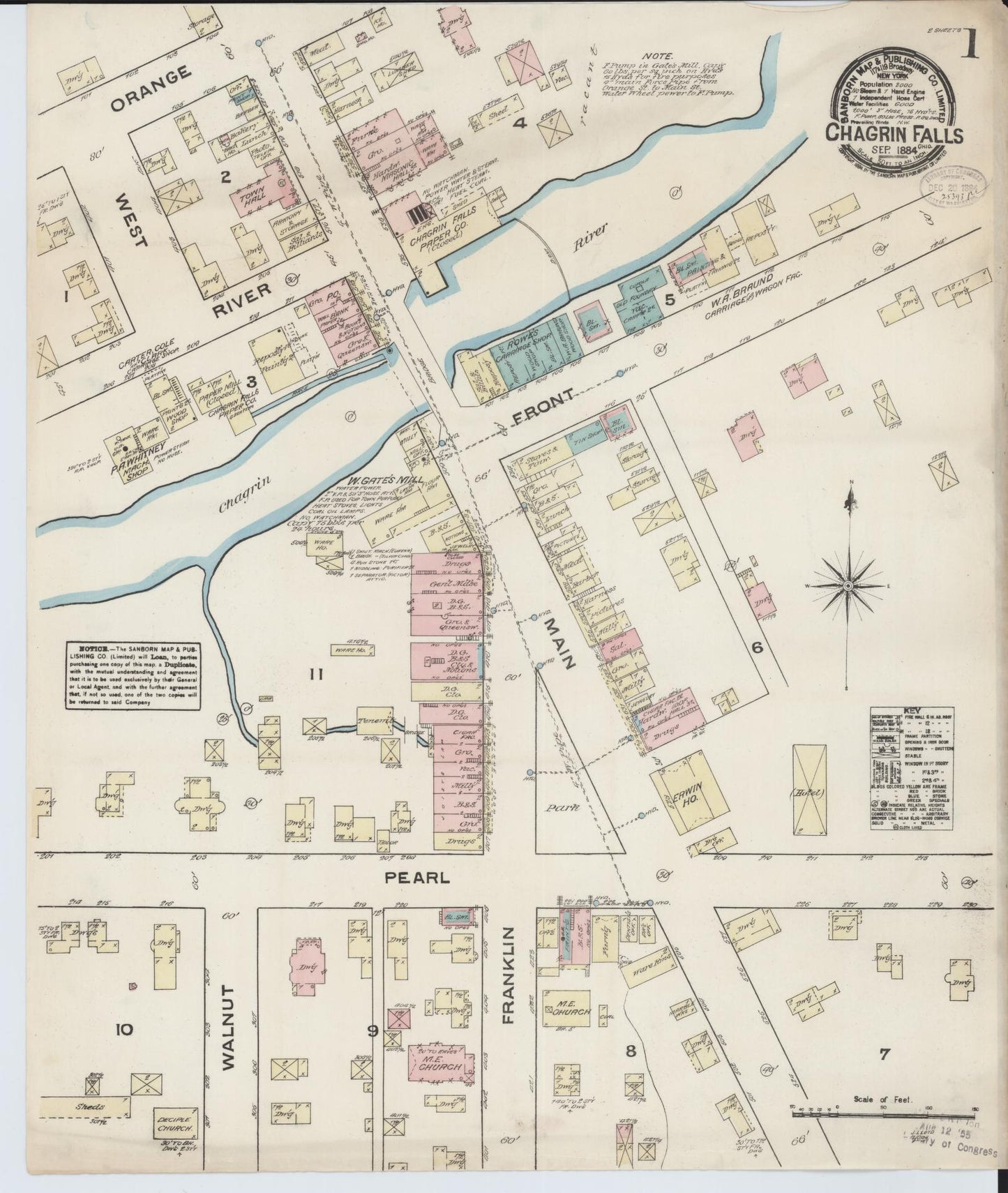 Sanborn Fire Insurance Map from Chagrin Falls, Cuyahoga County, Ohio (1884), Sheet #0001 - Historic Sanborn Fire Insurance Map Print, vintage old map wall art, antique decor, genealogy gift, Ohio Ohio map