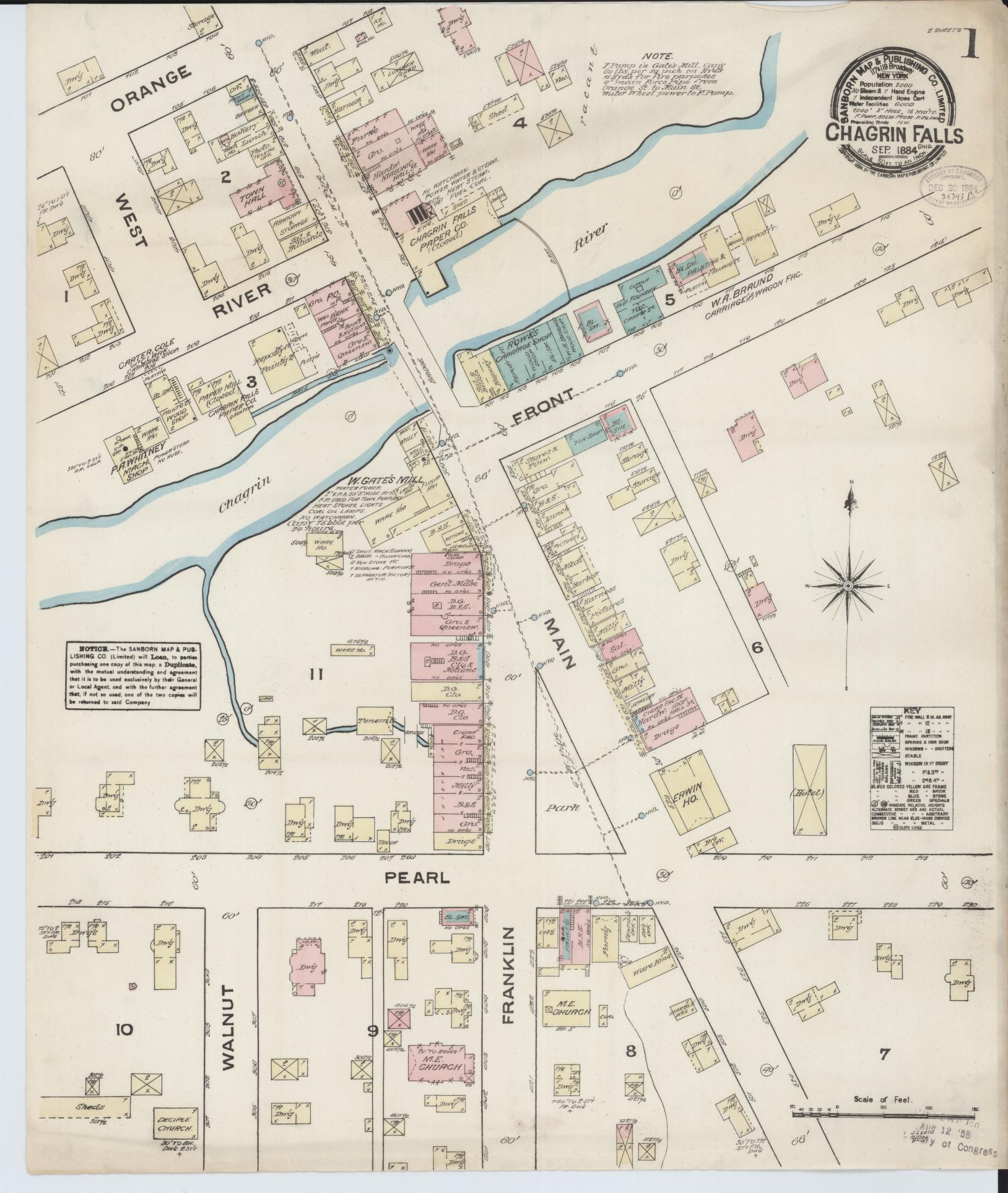 Sanborn Fire Insurance Map from Chagrin Falls, Cuyahoga County, Ohio (1884), Sheet #0001 - Historic Sanborn Fire Insurance Map Print, vintage old map wall art, antique decor, genealogy gift, Ohio Ohio map