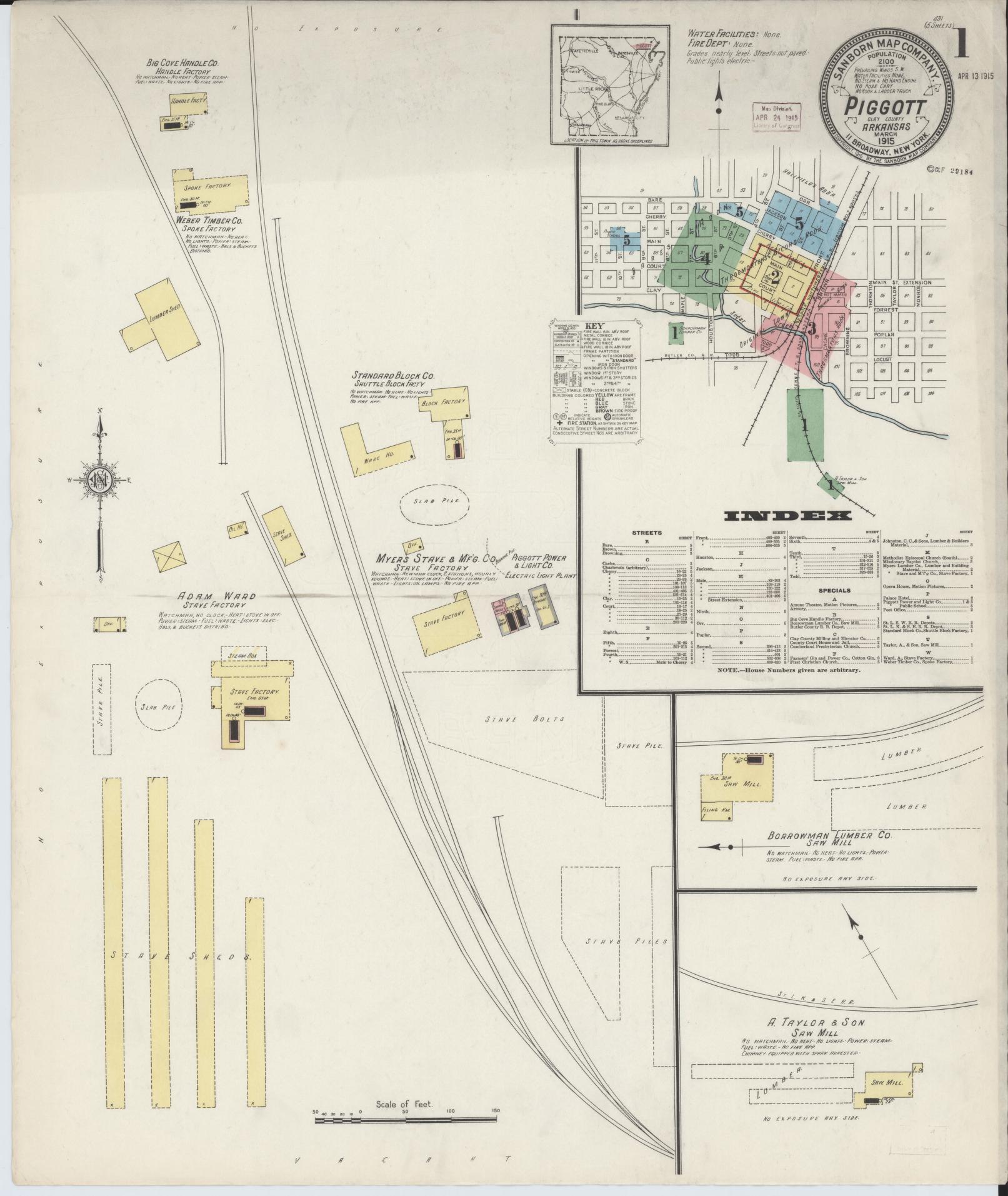 Sanborn Fire Insurance Map from Piggott, Clay County, Arkansas (1915), Sheet #0001 - Complete Map Set gallery image, historic Sanborn map, vintage wall art, Arkansas Arkansas