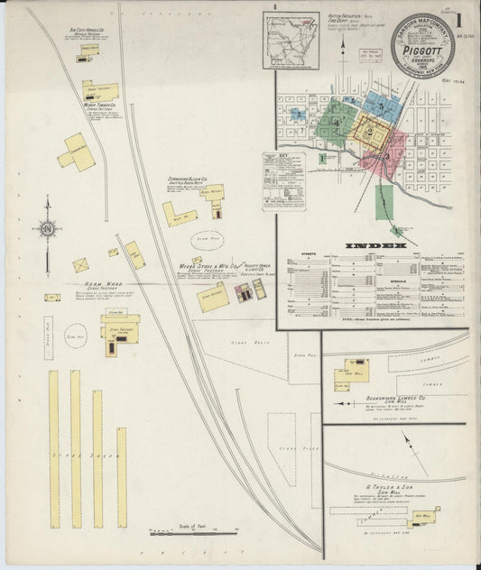 Sanborn Fire Insurance Map from Piggott, Clay County, Arkansas (1915), Sheet #0001 - Complete Map Set gallery image, historic Sanborn map, vintage wall art, Arkansas Arkansas