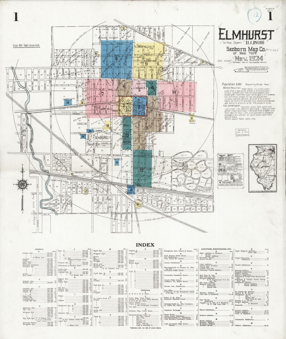 Sanborn Fire Insurance Map from Elmhurst, Du Page County, Illinois (1924), Sheet #0001 - Complete Map Set gallery image, historic Sanborn map, vintage wall art, Illinois Illinois