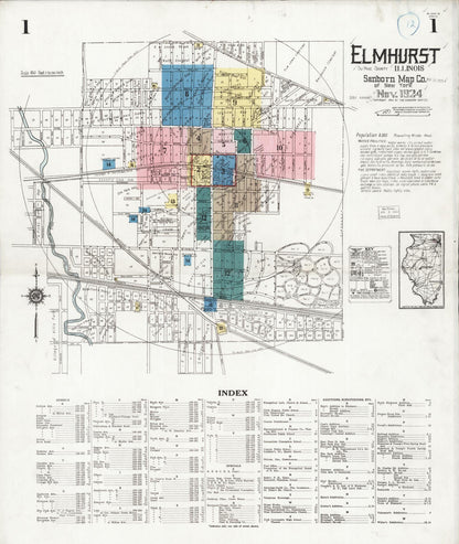Sanborn Fire Insurance Map from Elmhurst, Du Page County, Illinois (1924), Sheet #0001 - Complete Map Set gallery image, historic Sanborn map, vintage wall art, Illinois Illinois