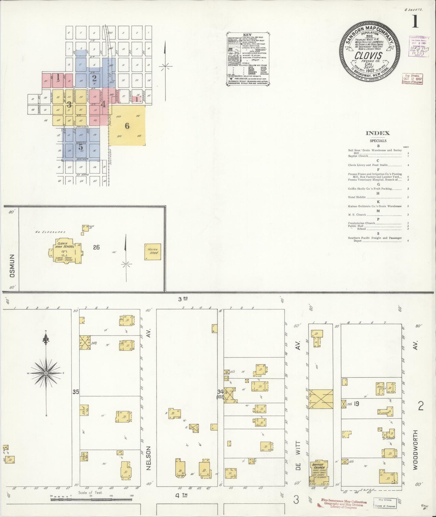 Sanborn Fire Insurance Map from Clovis, Fresno County, California (1907), Sheet #0001 - Complete Map Set gallery image, historic Sanborn map, vintage wall art, California California