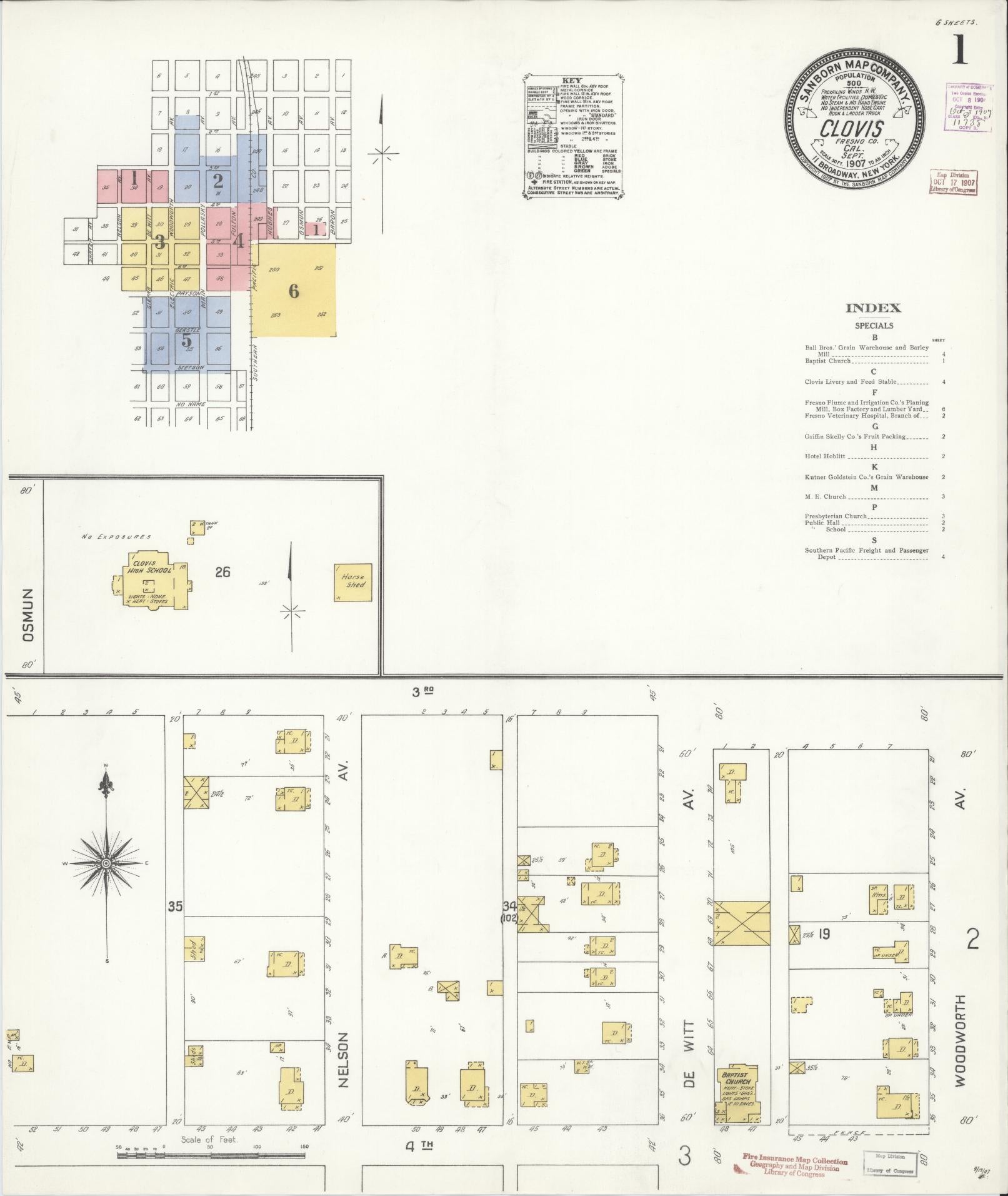 Sanborn Fire Insurance Map from Clovis, Fresno County, California (1907), Sheet #0001 - Complete Map Set gallery image, historic Sanborn map, vintage wall art, California California