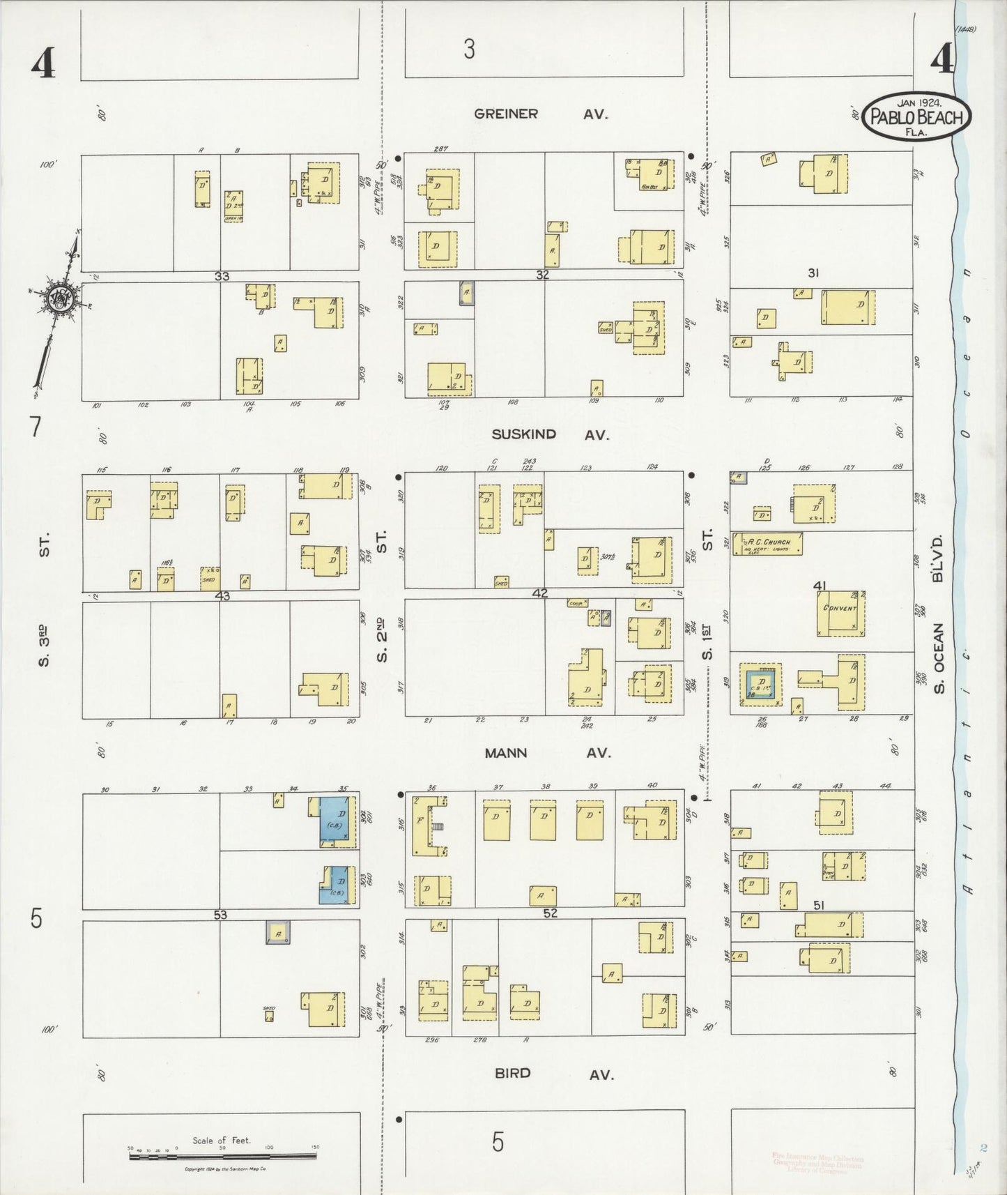 Sanborn Fire Insurance Map from Pablo Beach, Duval County, Florida (1924), Sheet #0004 - Complete Map Set gallery image, historic Sanborn map, vintage wall art, Florida Florida