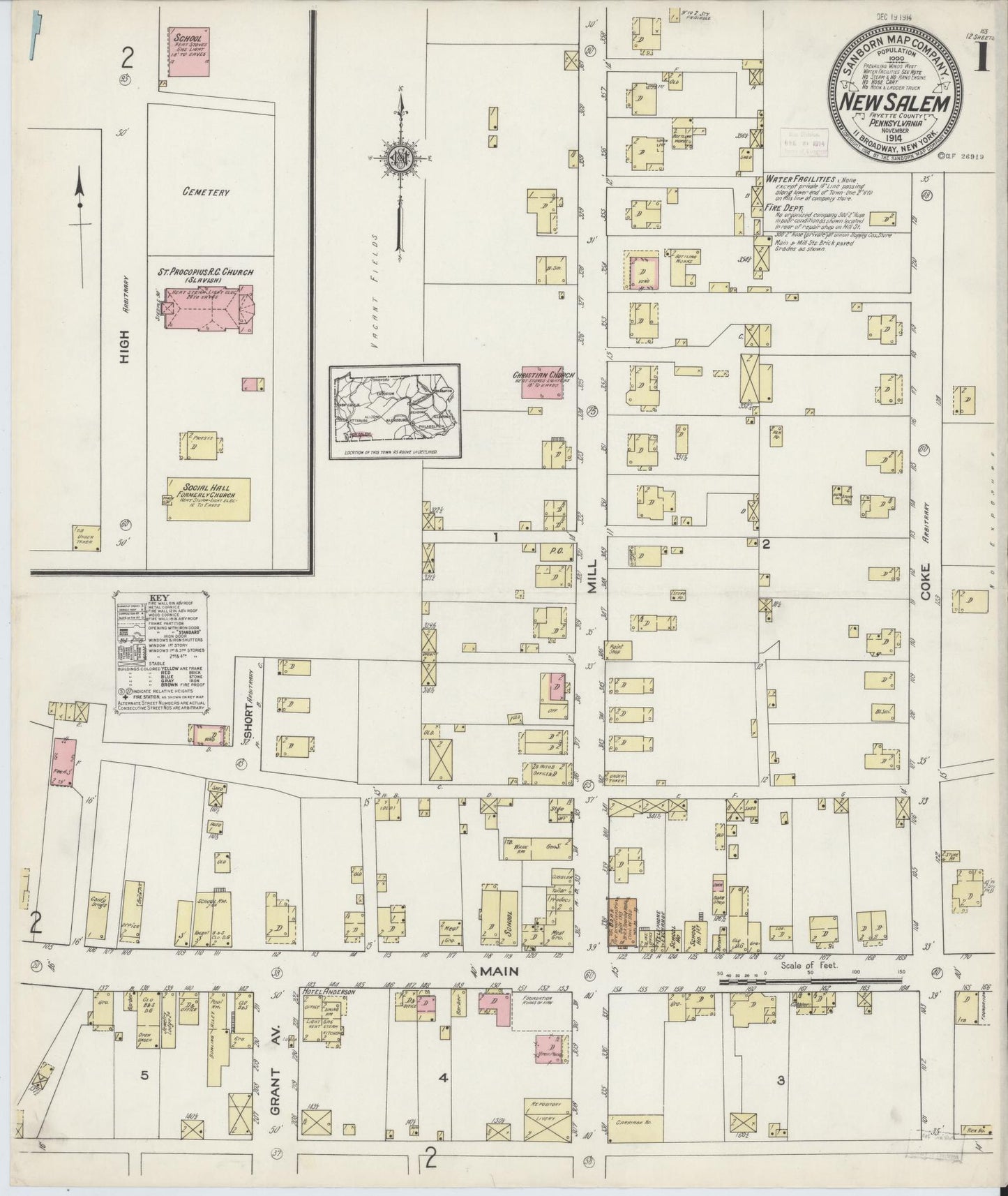 Sanborn Fire Insurance Map from New Salem, Fayette County, Pennsylvania (1914), Sheet #0001 - Complete Map Set gallery image, historic Sanborn map, vintage wall art, Pennsylvania Pennsylvania
