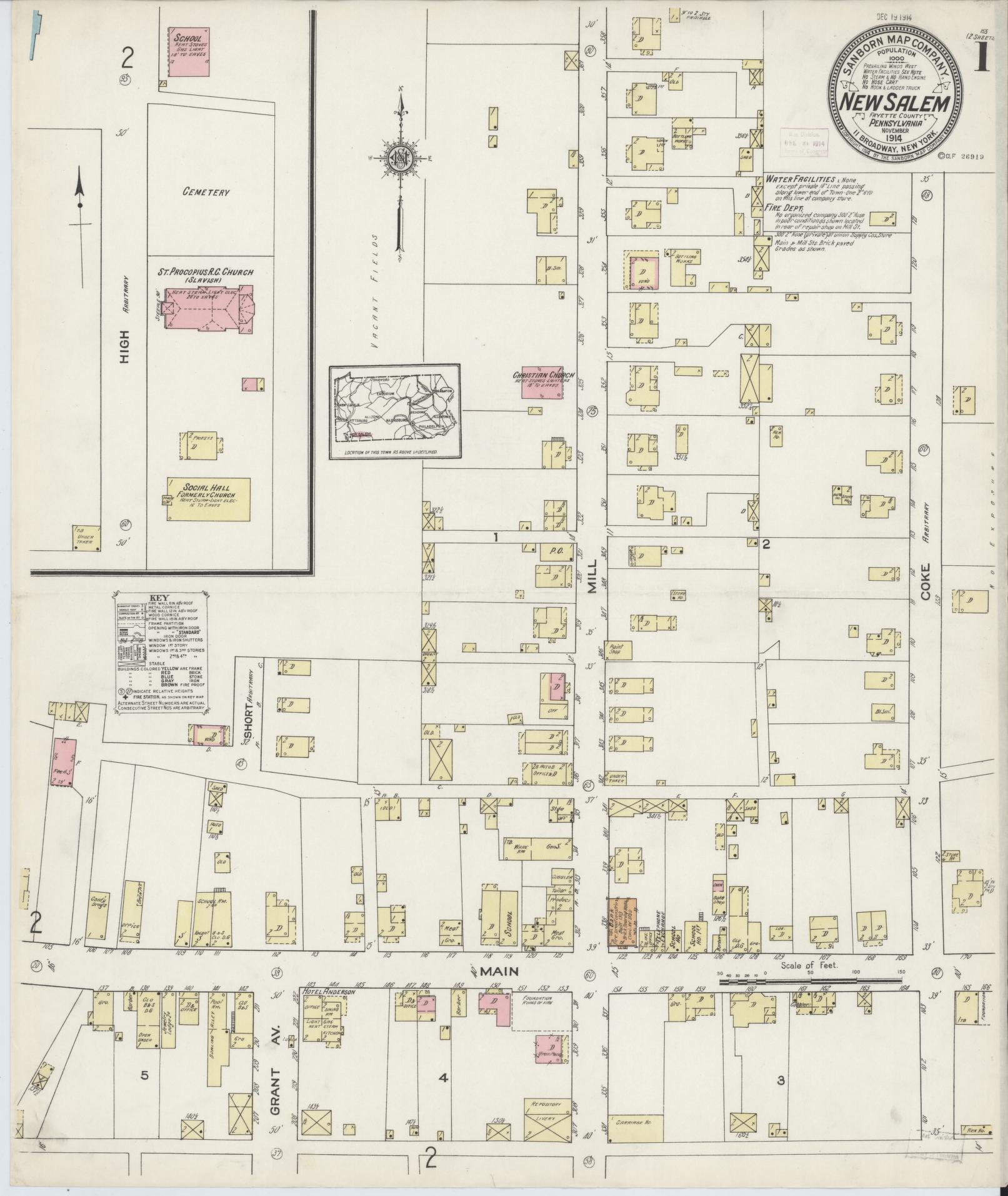 Sanborn Fire Insurance Map from New Salem, Fayette County, Pennsylvania (1914), Sheet #0001 - Complete Map Set gallery image, historic Sanborn map, vintage wall art, Pennsylvania Pennsylvania