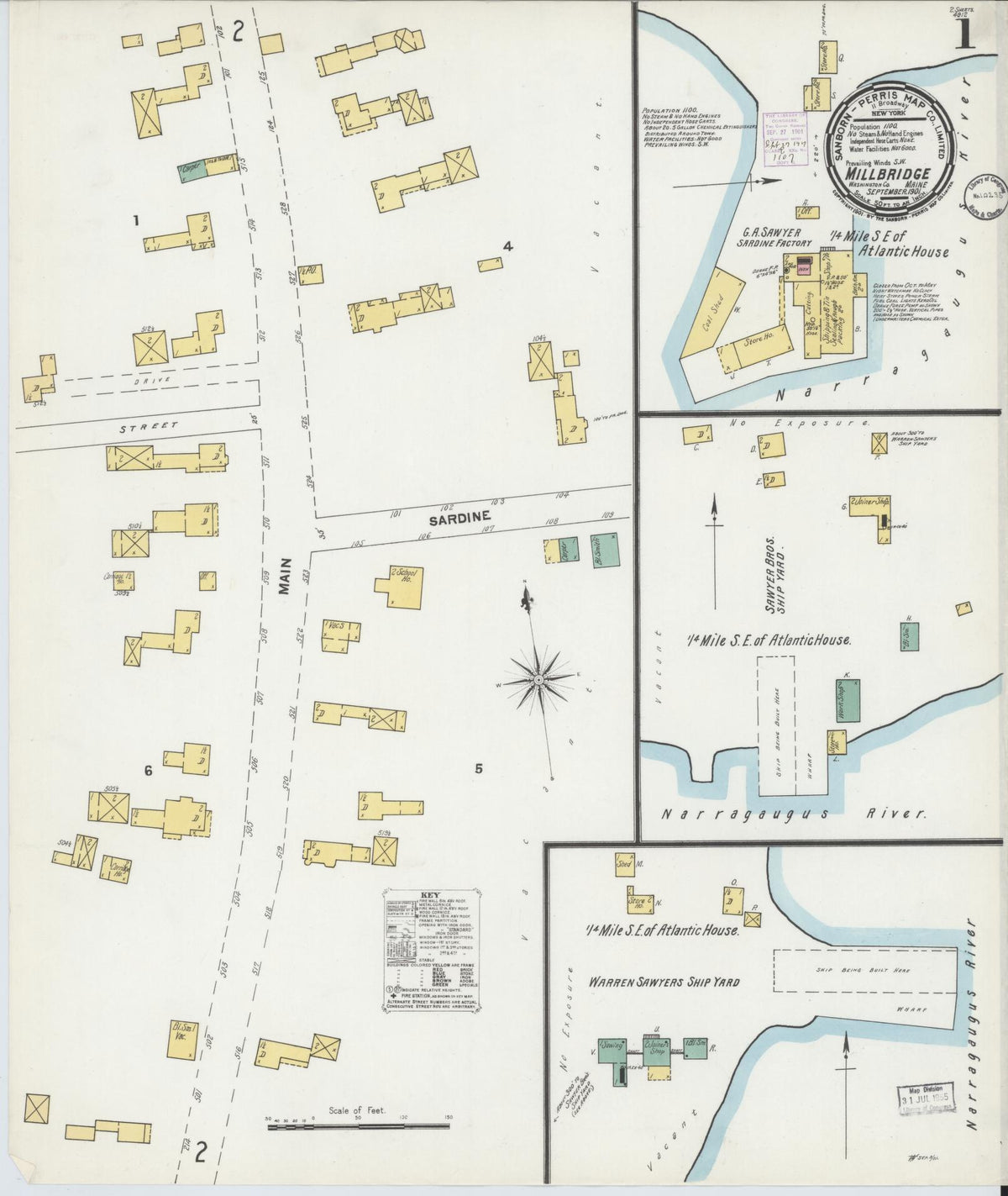 Sanborn Fire Insurance Map from Millbridge, Washington County, Maine (1901), Sheet #0001 - Historic Sanborn Fire Insurance Map Print, vintage old map wall art, antique decor, genealogy gift, Maine Maine map