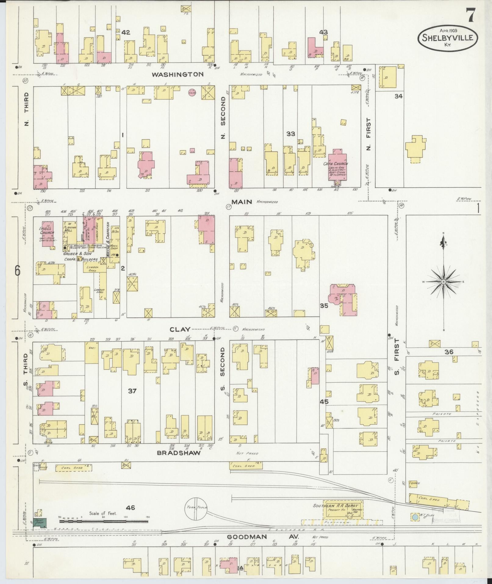 Sanborn Fire Insurance Map from Shelbyville, Shelby County, Kentucky (1909), Sheet #0007 - Historic Sanborn Fire Insurance Map Print, vintage old map wall art, antique decor, genealogy gift, Kentucky Kentucky map
