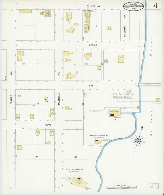Sanborn Fire Insurance Map from Green Cove Springs, Clay County, Florida (1909), Sheet #0004 - Historic Sanborn Fire Insurance Map Print, vintage old map wall art, antique decor, genealogy gift, Florida Florida map