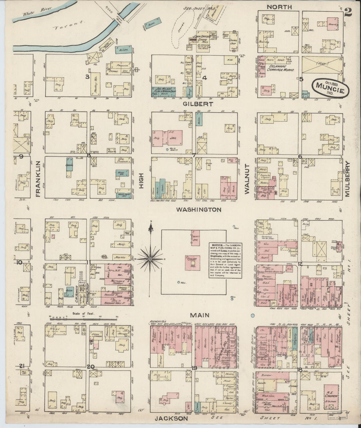 Sanborn Fire Insurance Map from Muncie, Delaware County, Indiana (1883), Sheet #0002 - Historic Sanborn Fire Insurance Map Print, vintage old map wall art, antique decor, genealogy gift, Muncie Delaware map