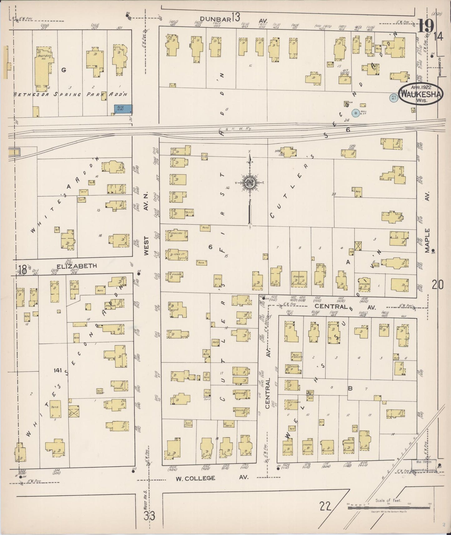 Sanborn Fire Insurance Map from Waukesha, Waukesha County, Wisconsin (1922), Sheet #0019 - Complete Map Set gallery image, historic Sanborn map, vintage wall art, Wisconsin Wisconsin