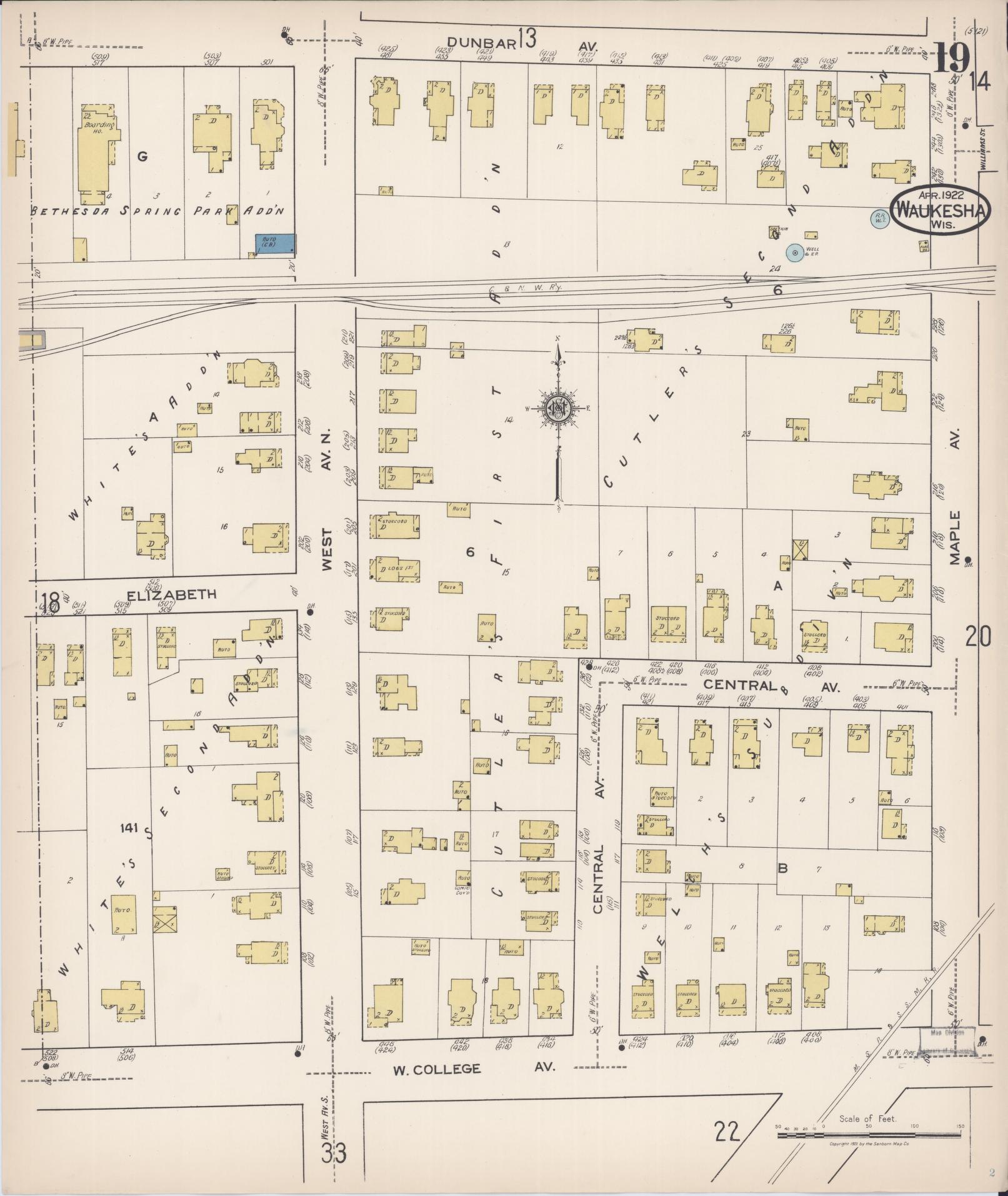 Sanborn Fire Insurance Map from Waukesha, Waukesha County, Wisconsin (1922), Sheet #0019 - Complete Map Set gallery image, historic Sanborn map, vintage wall art, Wisconsin Wisconsin