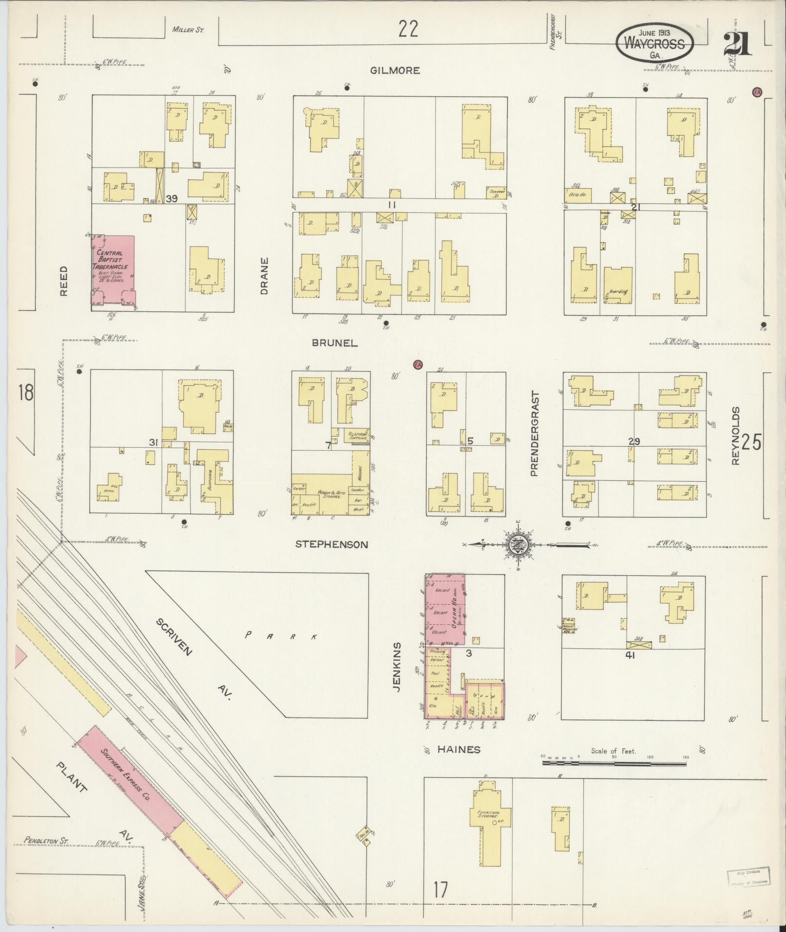 Sanborn Fire Insurance Map from Waycross, Ware County, Georgia (1913), Sheet #0021 - Complete Map Set gallery image, historic Sanborn map, vintage wall art, Georgia Georgia