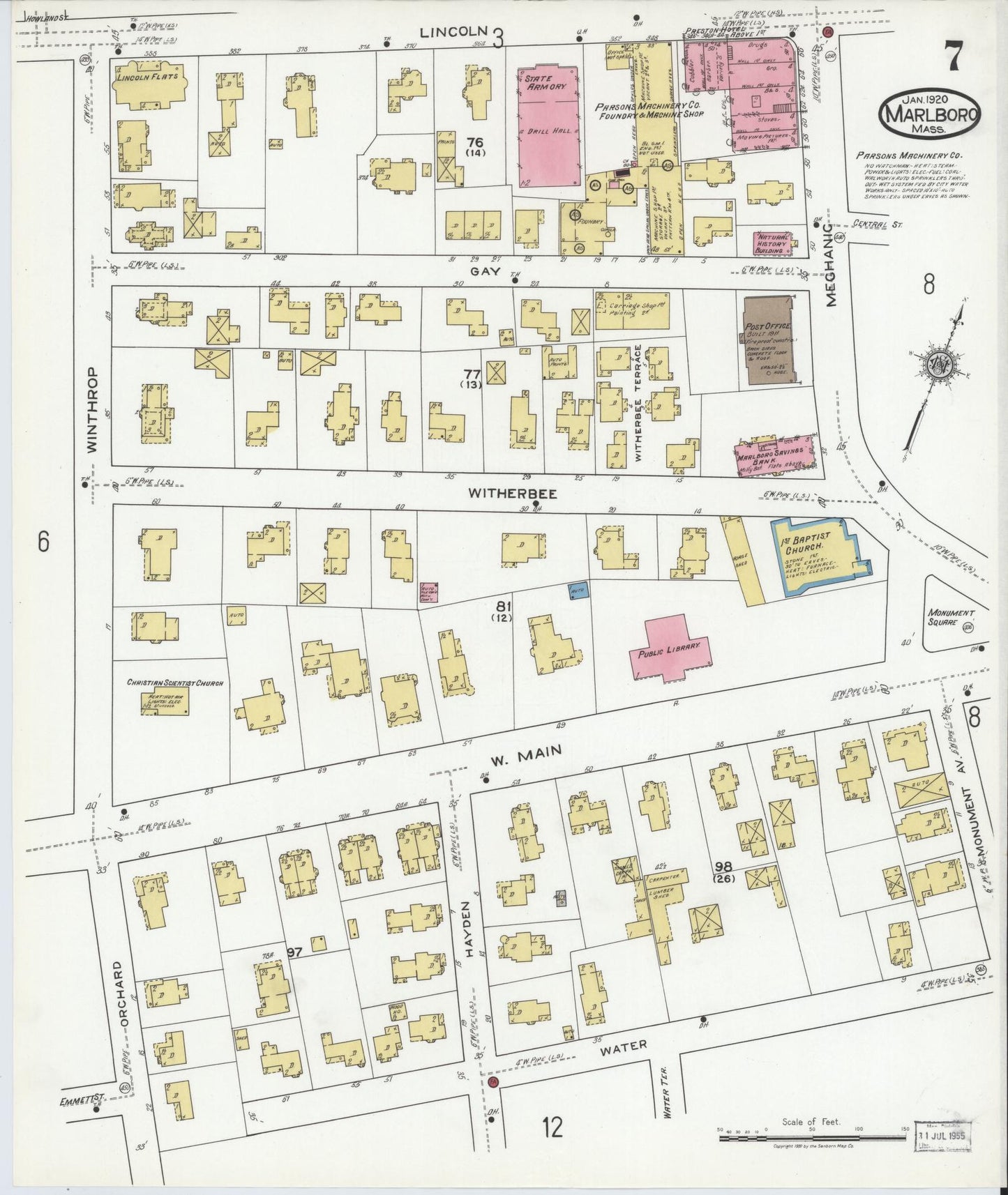 Sanborn Fire Insurance Map from Marlborough, Middlesex County, Massachusetts (1920), Sheet #0007 - Complete Map Set gallery image, historic Sanborn map, vintage wall art, Massachusetts Massachusetts