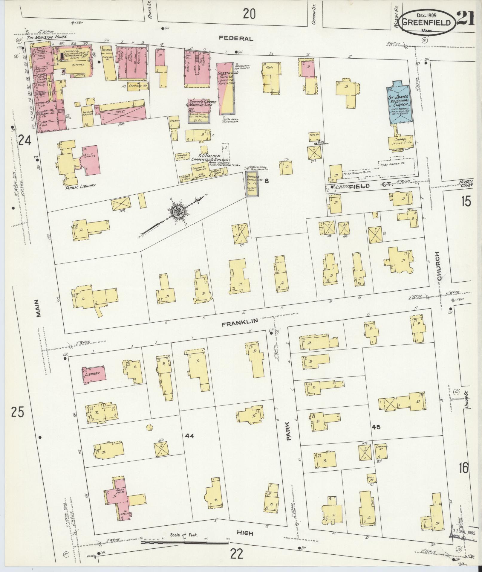 Sanborn Fire Insurance Map from Greenfield, Franklin County, Massachusetts (1909), Sheet #0021 - Complete Map Set gallery image, historic Sanborn map, vintage wall art, Massachusetts Massachusetts